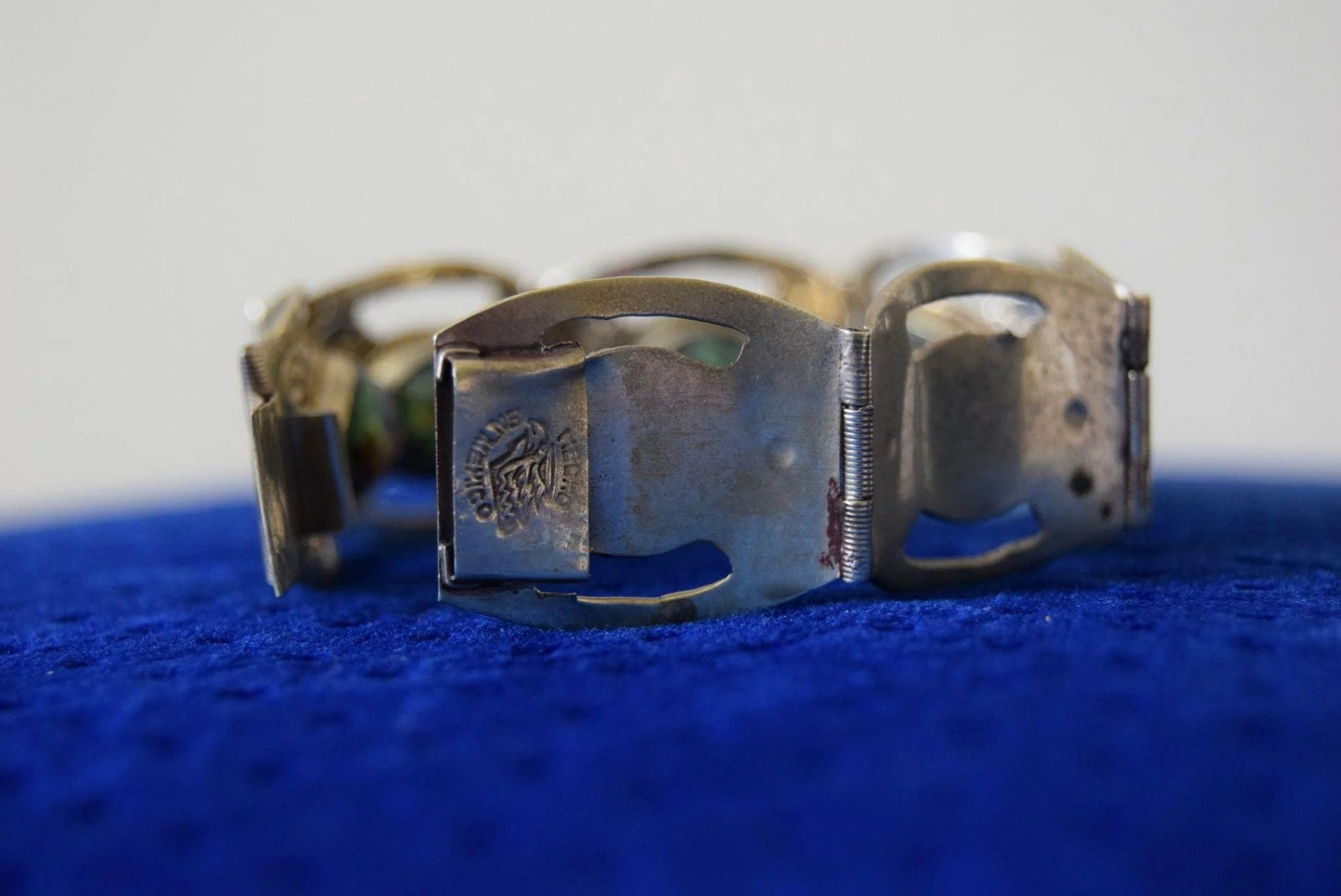 Beautiful retro Mexican sterling silver bracelet with abalone shell and gold coin accents