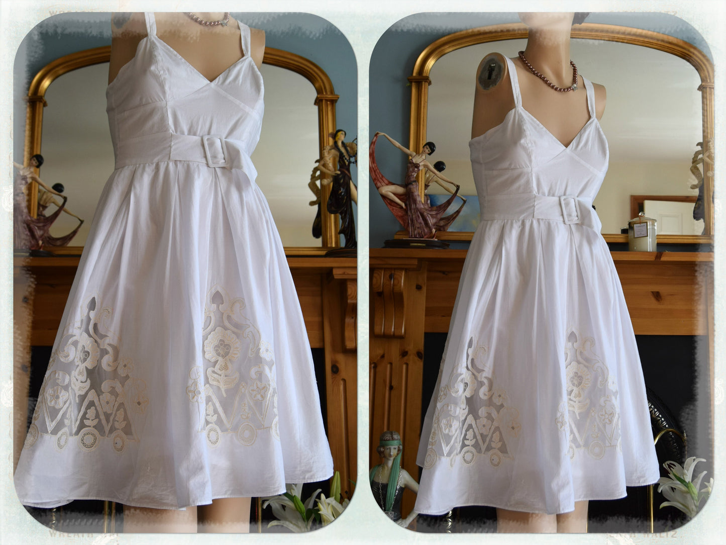 Vintage Rockabilly 1950s 1960s full Swing Cotton Pin-up wedding dress Lyon Lace Circle Wedding Gown Soft Summer Tea Dress size UK 4 6 US 2 4