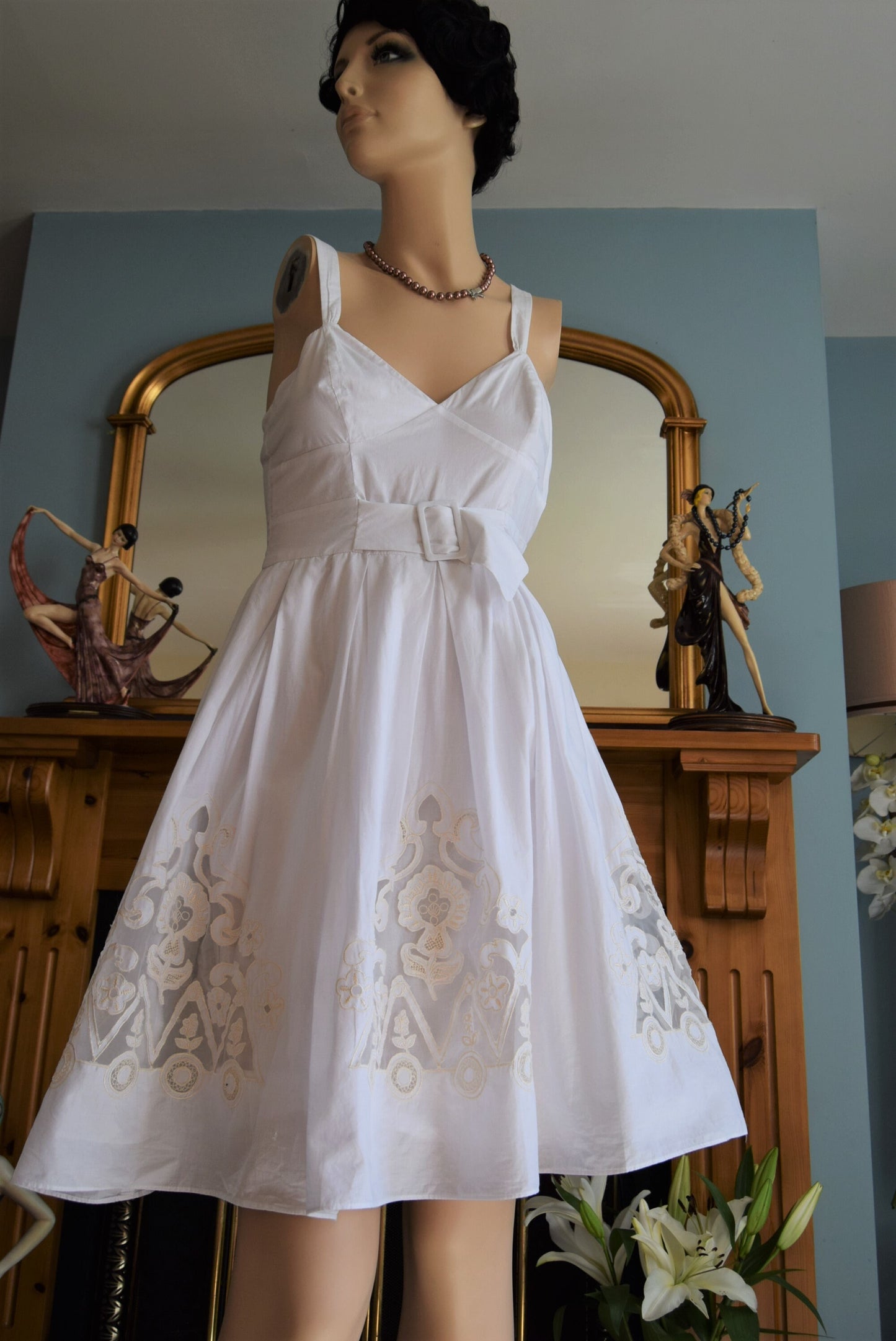 Vintage Rockabilly 1950s 1960s full Swing Cotton Pin-up wedding dress Lyon Lace Circle Wedding Gown Soft Summer Tea Dress size UK 4 6 US 2 4