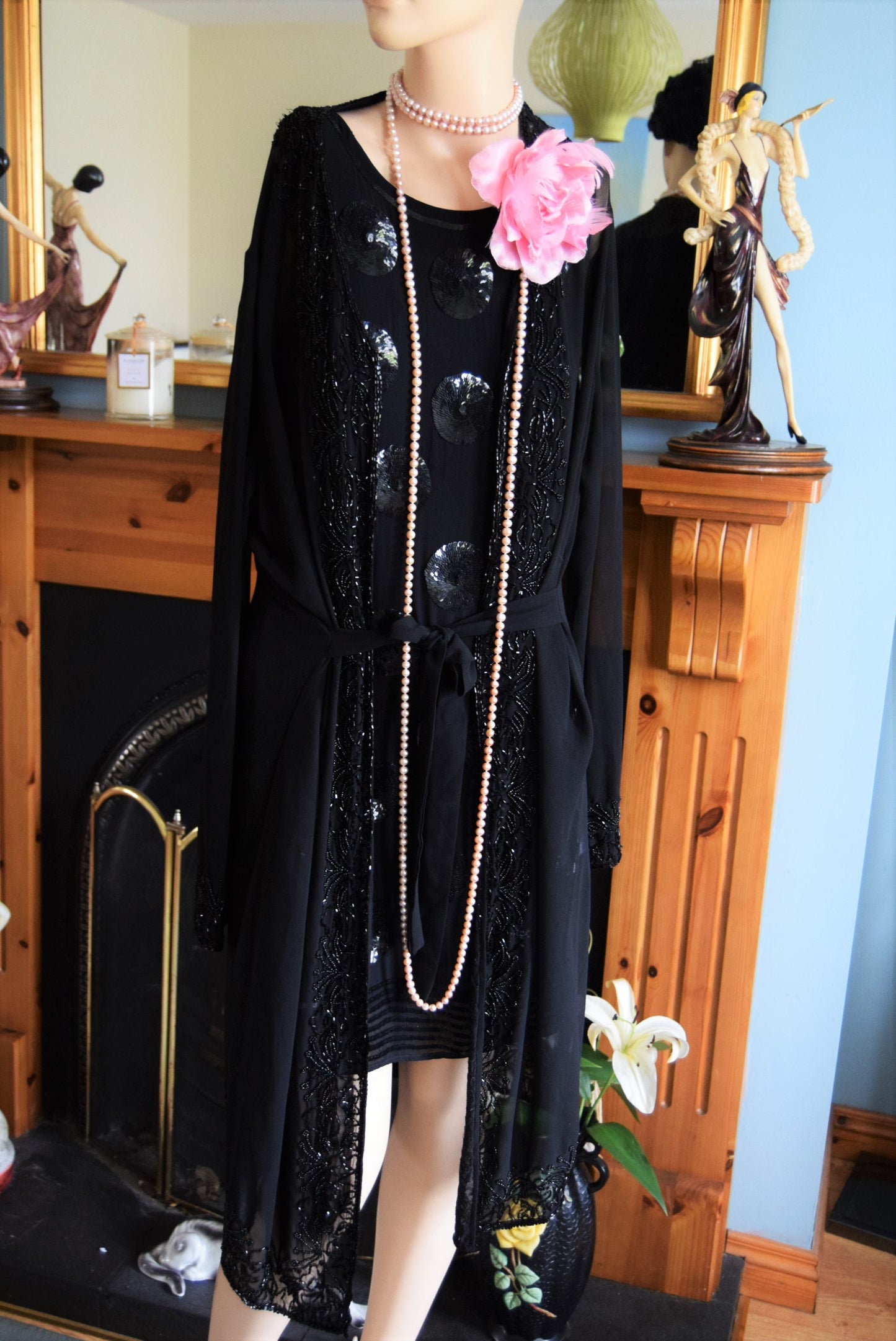 Art Deco Sheer 1920's Vintage Flapper Beaded Sequinned All Silk dress Size UK 8 US 4