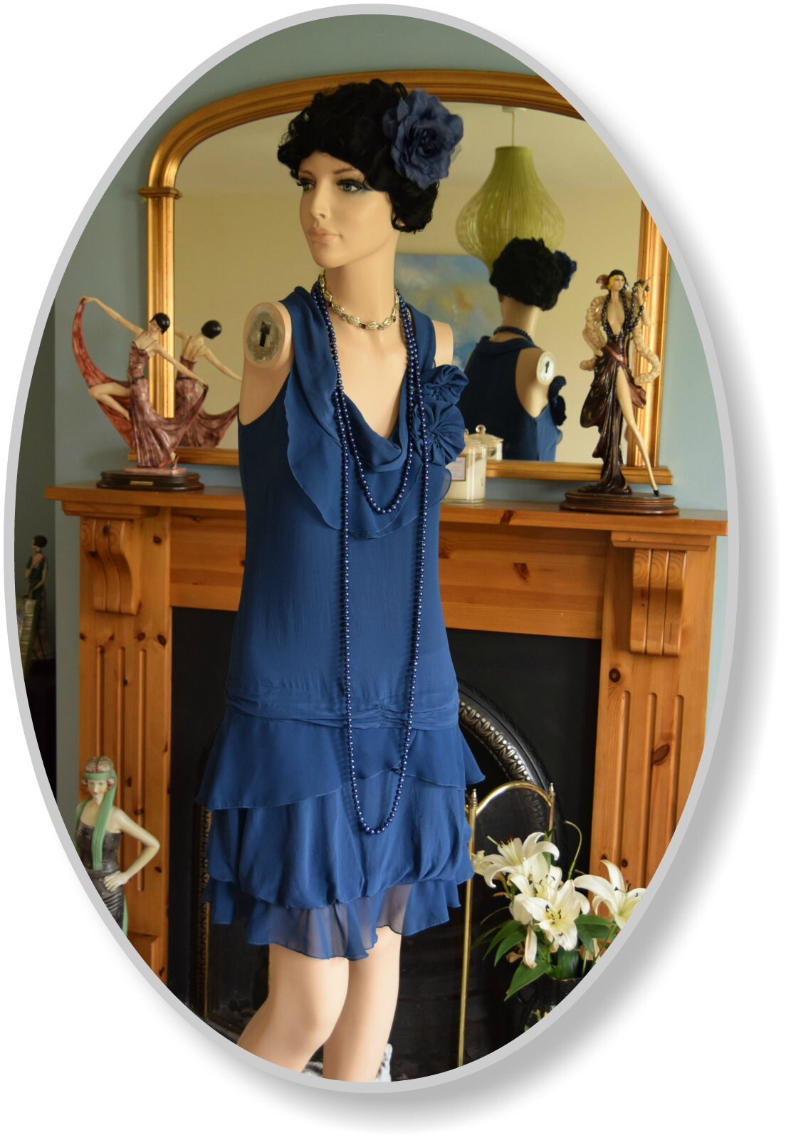 Vintage Midnight Blue Pastel Silk Romantic So Feminine 1920's frilled dress Size UK 8 US 4