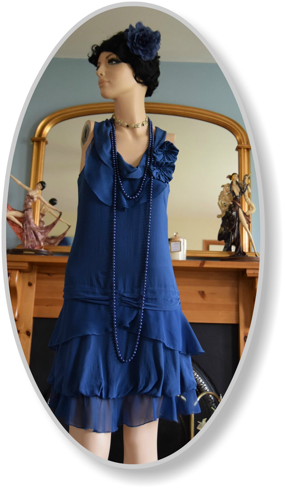 Vintage Midnight Blue Pastel Silk Romantic So Feminine 1920's frilled dress Size UK 8 US 4