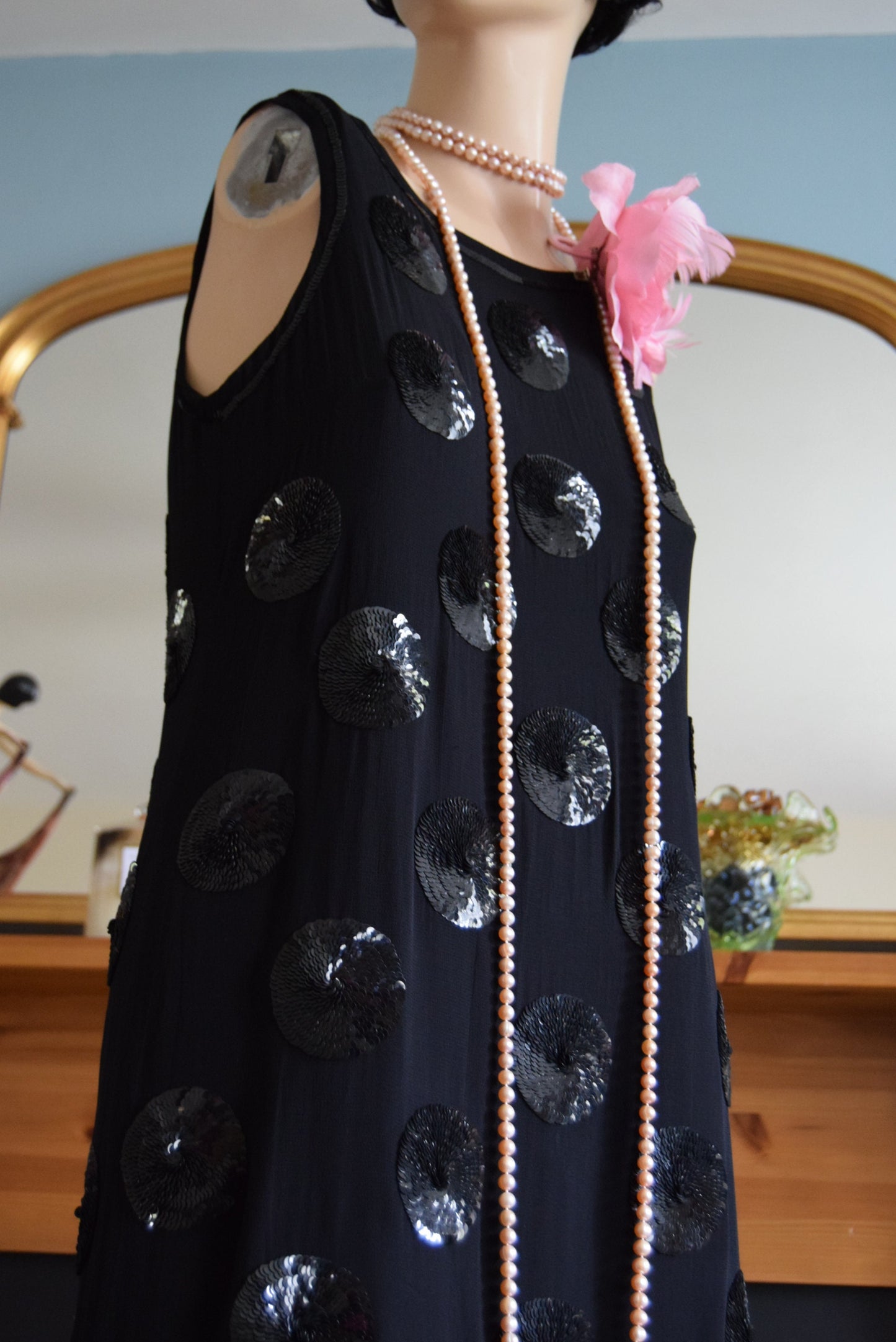 Art Deco Sheer 1920's Vintage Flapper Beaded Sequinned All Silk dress Size UK 8 US 4
