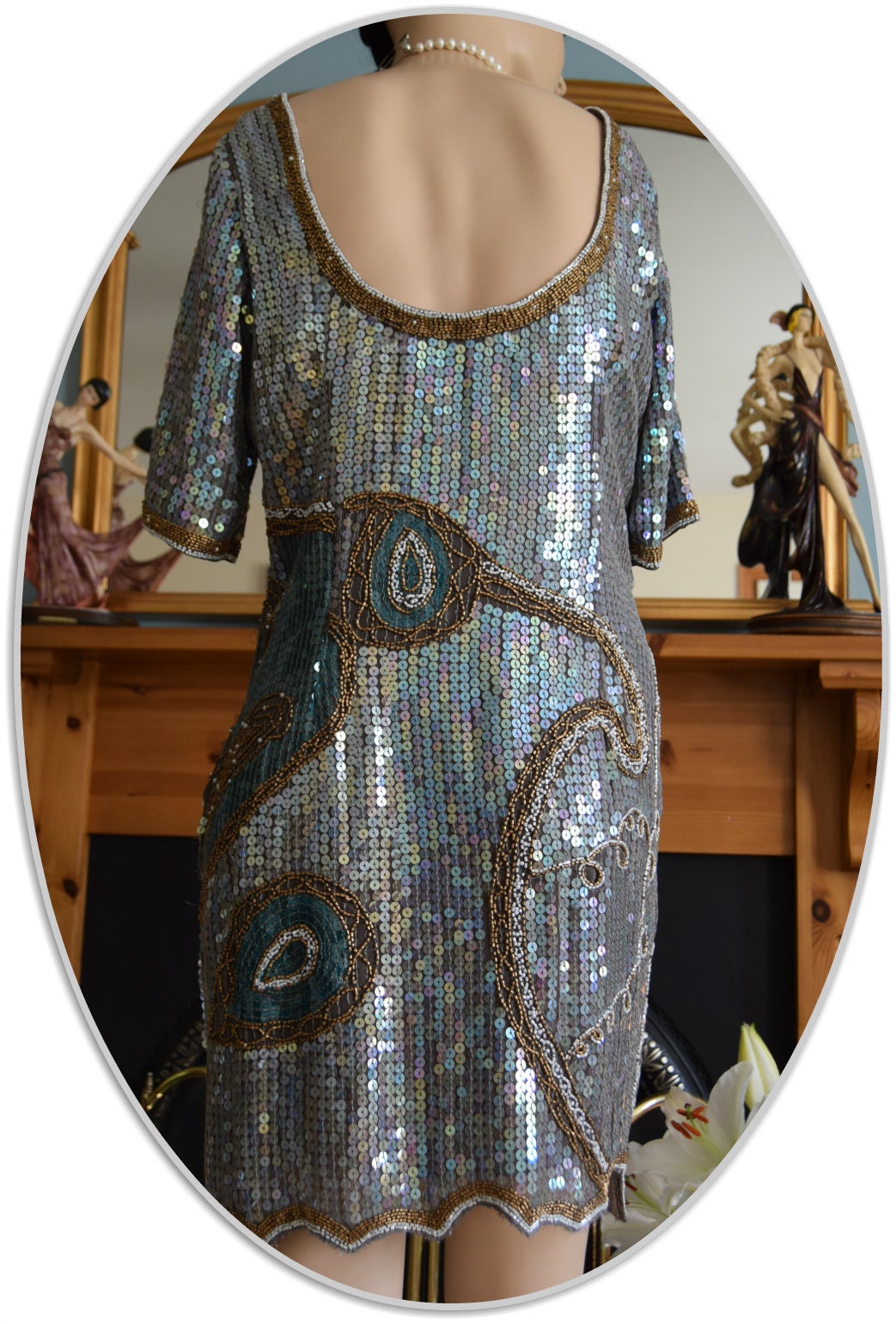 1920s dress Art Deco dress Flapper bead dress Great Gatsby gold silver vintage sequin dress Avant-Garde dress evening dress UK 8 10 US 4 6