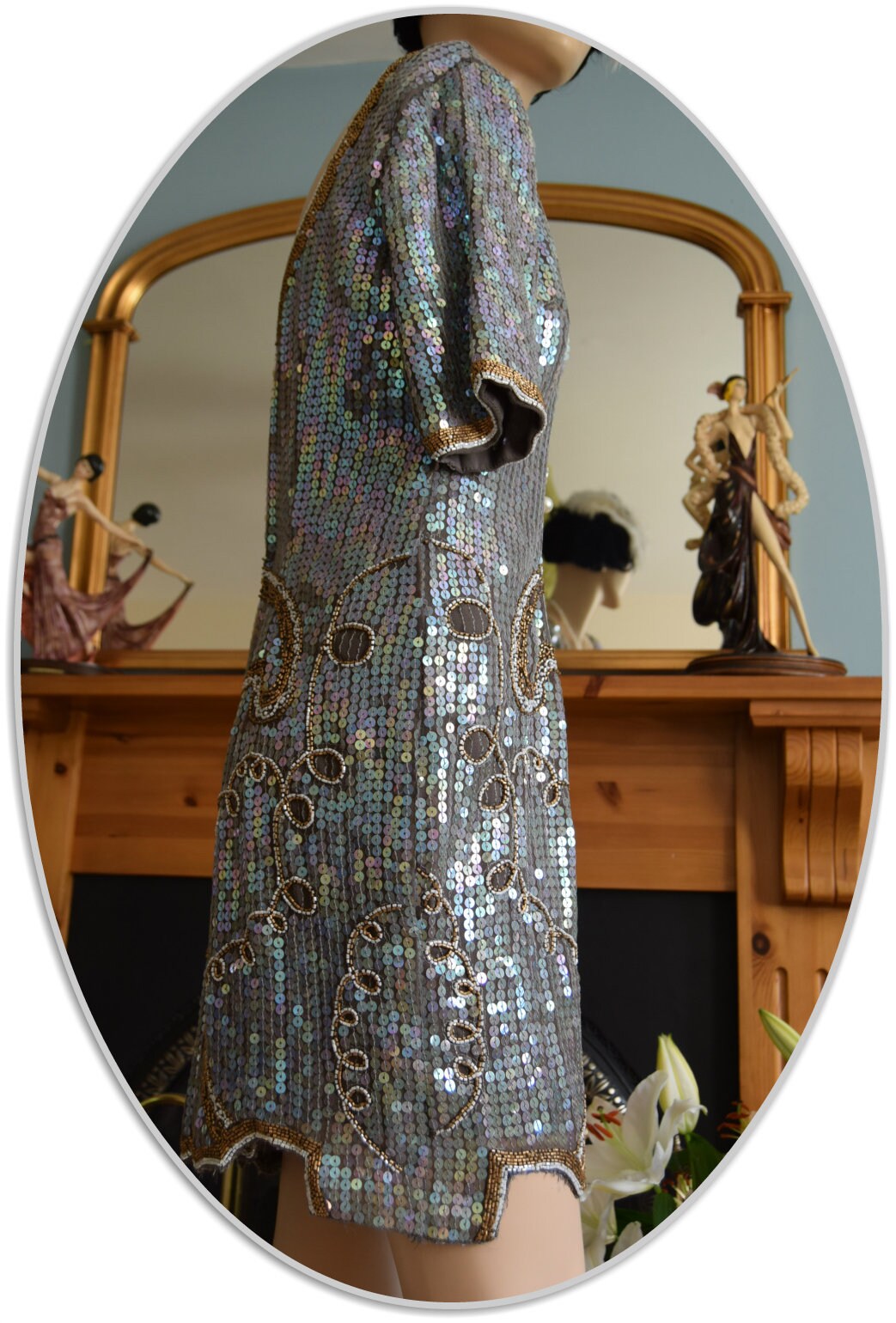 1920s dress Art Deco dress Flapper bead dress Great Gatsby gold silver vintage sequin dress Avant-Garde dress evening dress UK 8 10 US 4 6