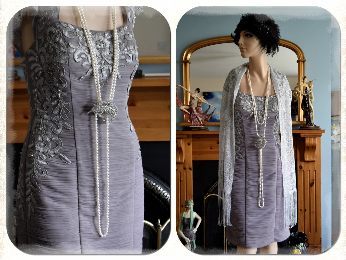 Silver Grey Vintage 1920's sequinned and beaded Sue Wong Flapper Dress size Uk 10 US 6