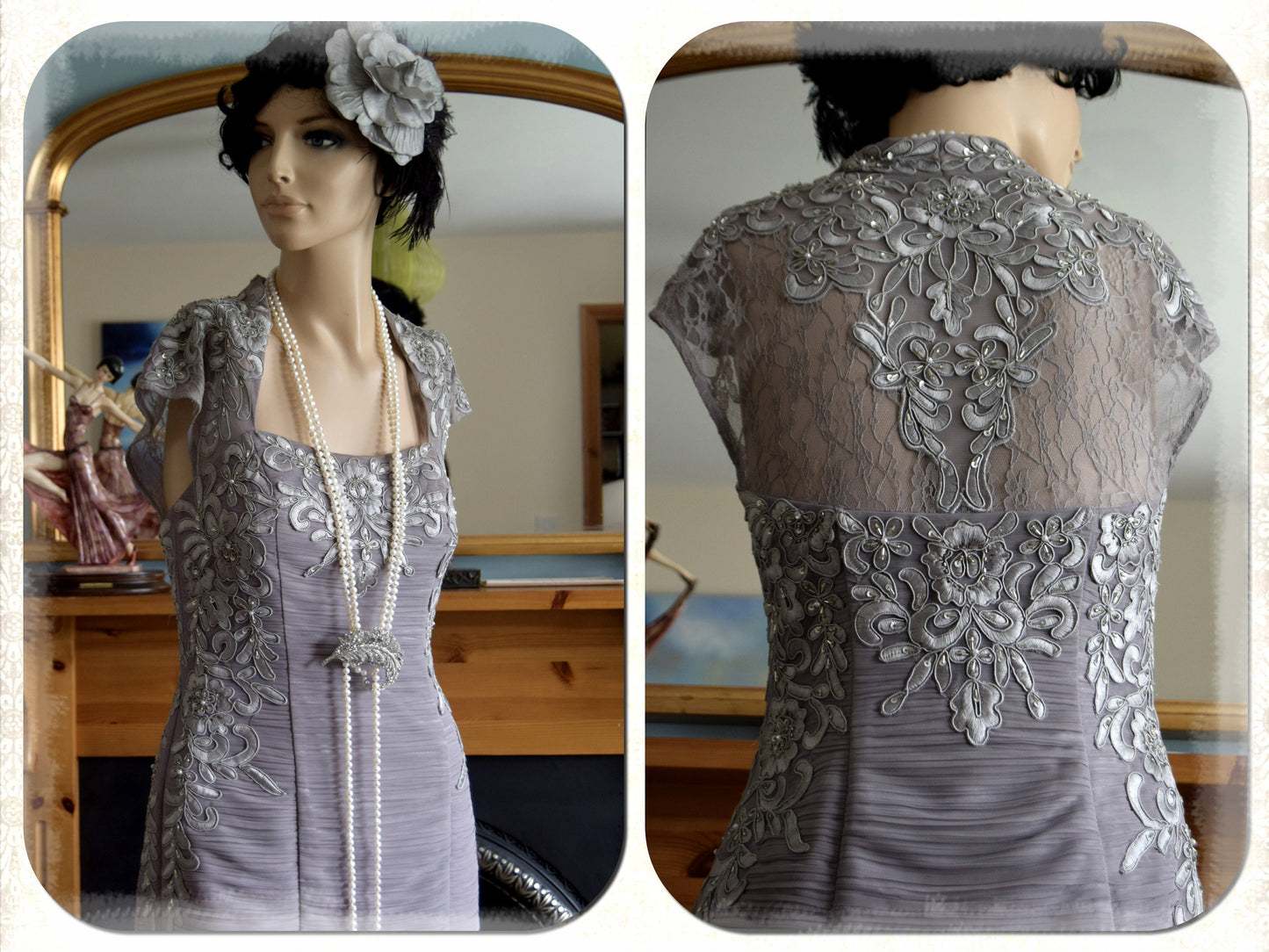 Silver Grey Vintage 1920's sequinned and beaded Sue Wong Flapper Dress size Uk 10 US 6