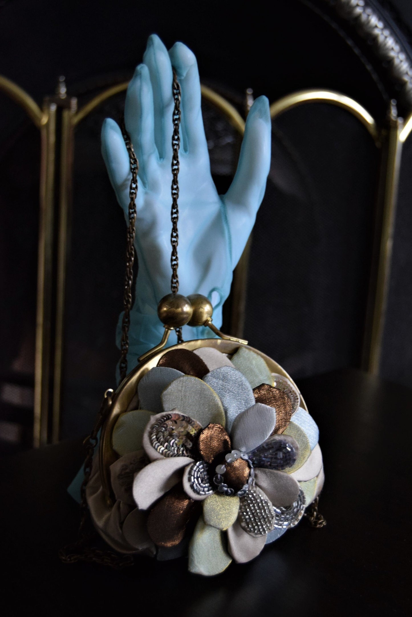 Vintage Flapper Floral Petal Delicate Art Deco Blue Gold embroidered cocktail evening bag