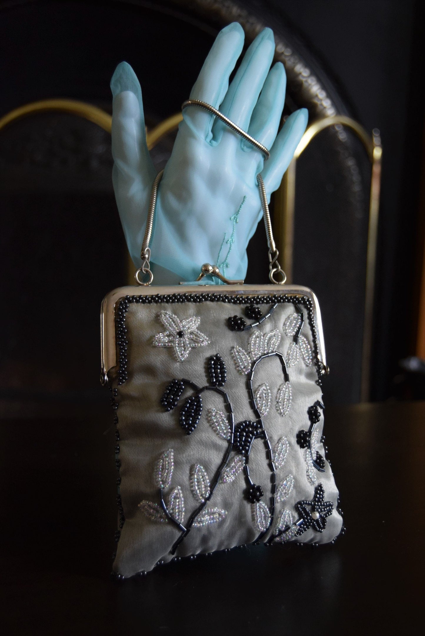 Vintage Flapper Floral Petal Delicate Art Deco Silver Gold embroidered Small cocktail evening bag purse