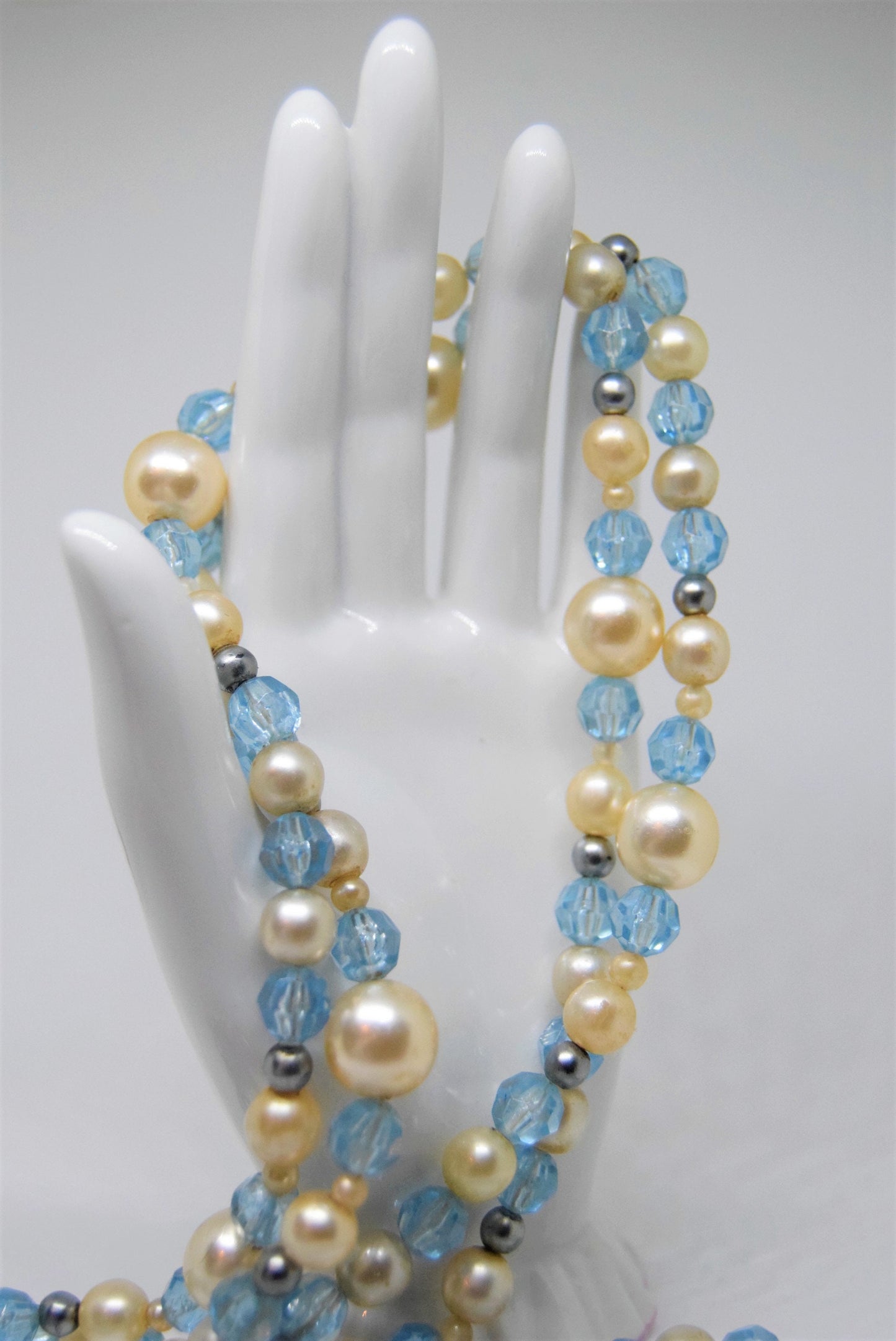 Charming 1950's Long Blue pearl Layered Strands Of Graduated Pearls in 3 Mesmarasing Tones of Blue