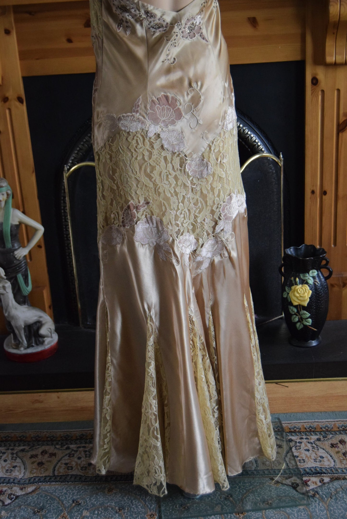 1930s gown 1930s satin gown flapper evening gown Downton Abbey Gown Vintage Maxi Silk Lace gown 1930s Hollywood goddess gown Size UK 12 US 8