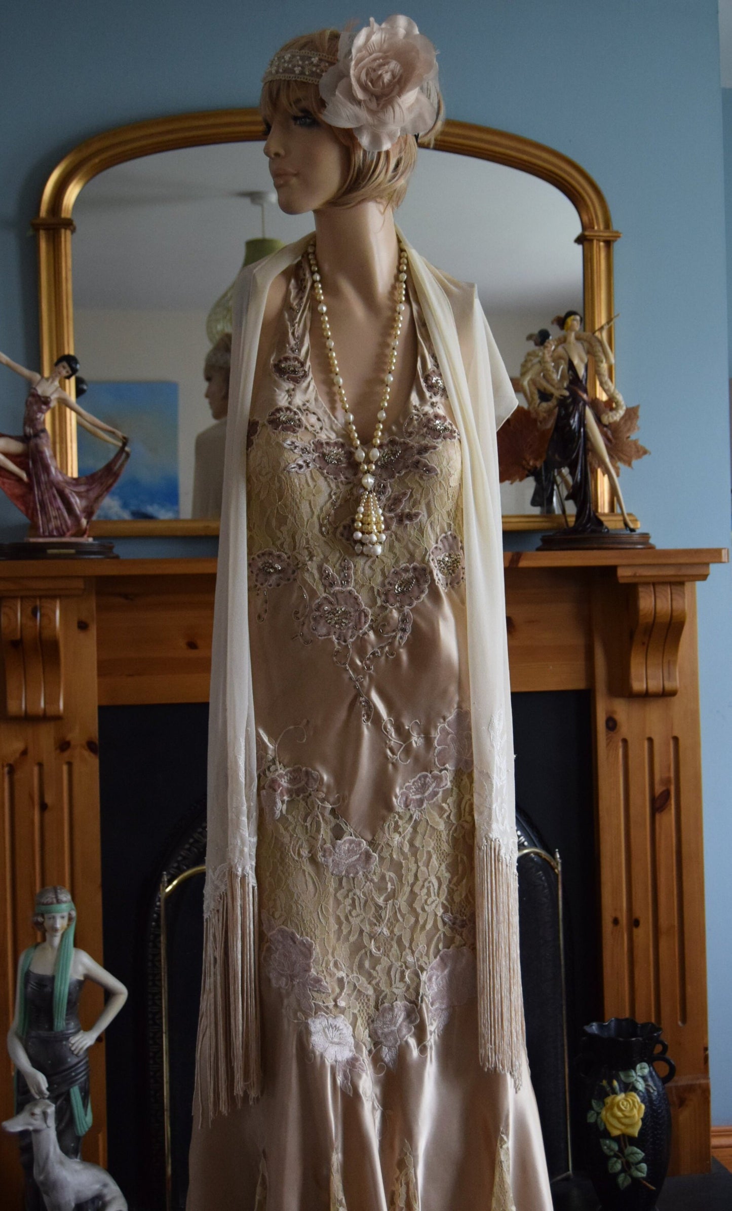 1930s gown 1930s satin gown flapper evening gown Downton Abbey Gown Vintage Maxi Silk Lace gown 1930s Hollywood goddess gown Size UK 12 US 8