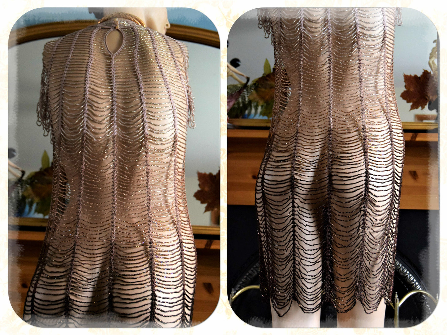 Flapper dress 1920s dress Great Gatsby dress Art Deco dress Vintage Heavily Beaded crocheted Gold Coper Ombre Dress Size UK 10 US 6 10