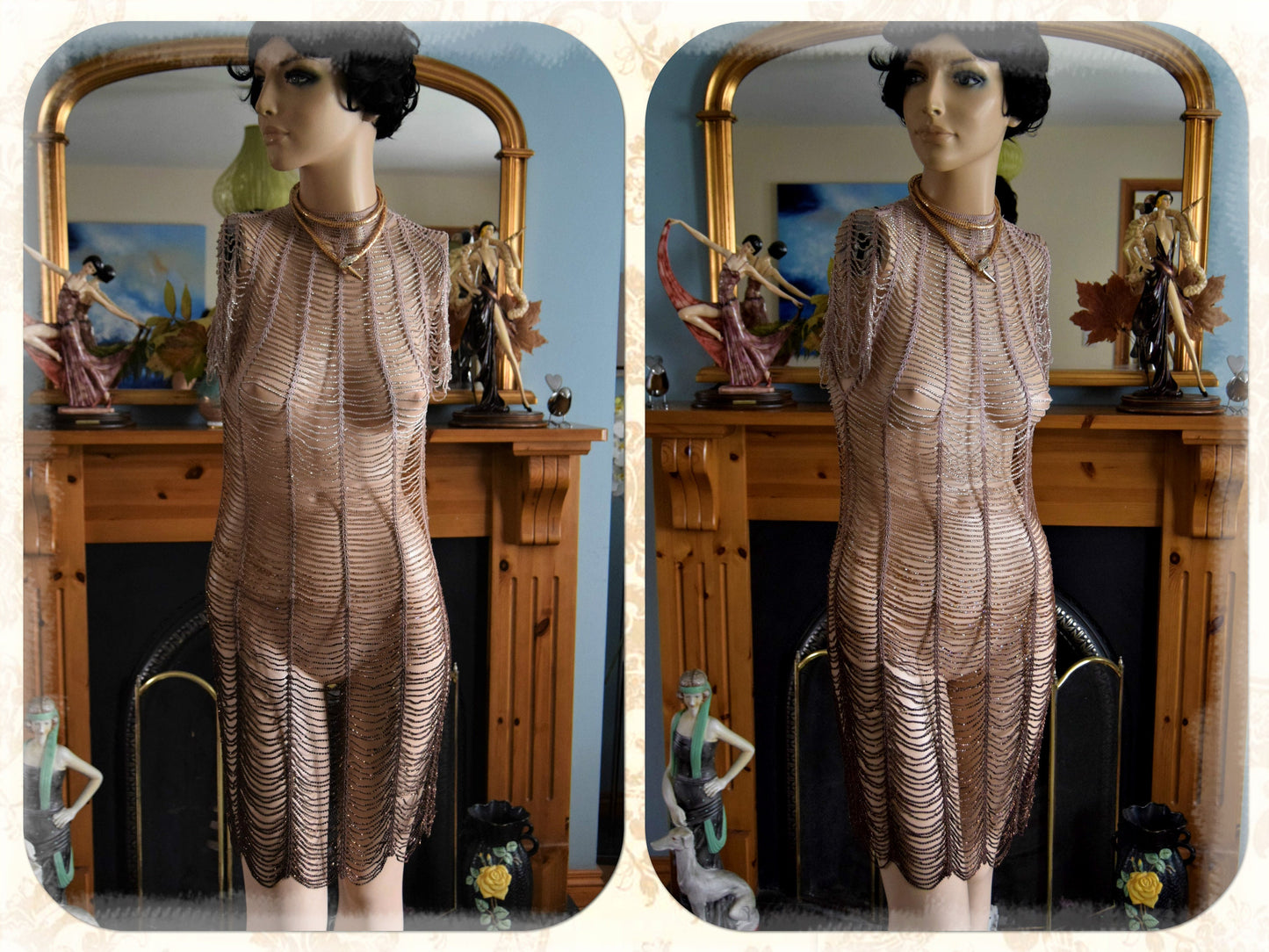 Flapper dress 1920s dress Great Gatsby dress Art Deco dress Vintage Heavily Beaded crocheted Gold Coper Ombre Dress Size UK 10 US 6 10