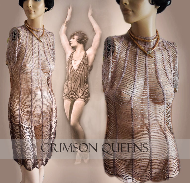 Flapper dress 1920s dress Great Gatsby dress Art Deco dress Vintage Heavily Beaded crocheted Gold Coper Ombre Dress Size UK 10 US 6 10