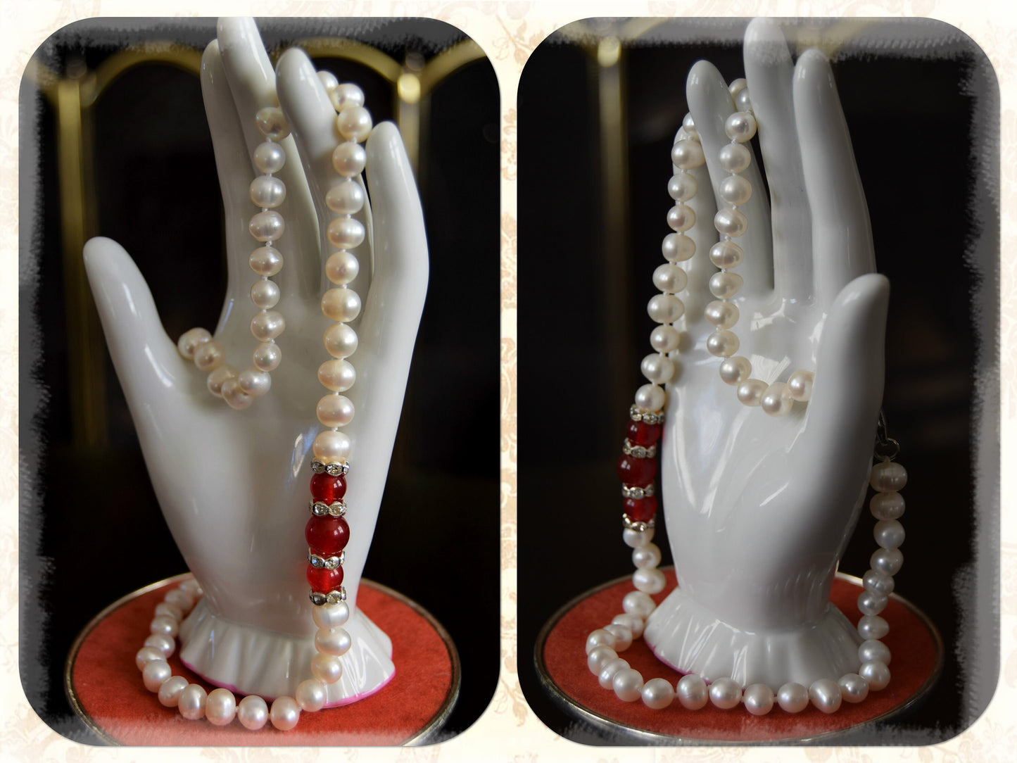 Gorgeous 1980's white and red ruby freshwater pear necklace stunning Very chic and classic style