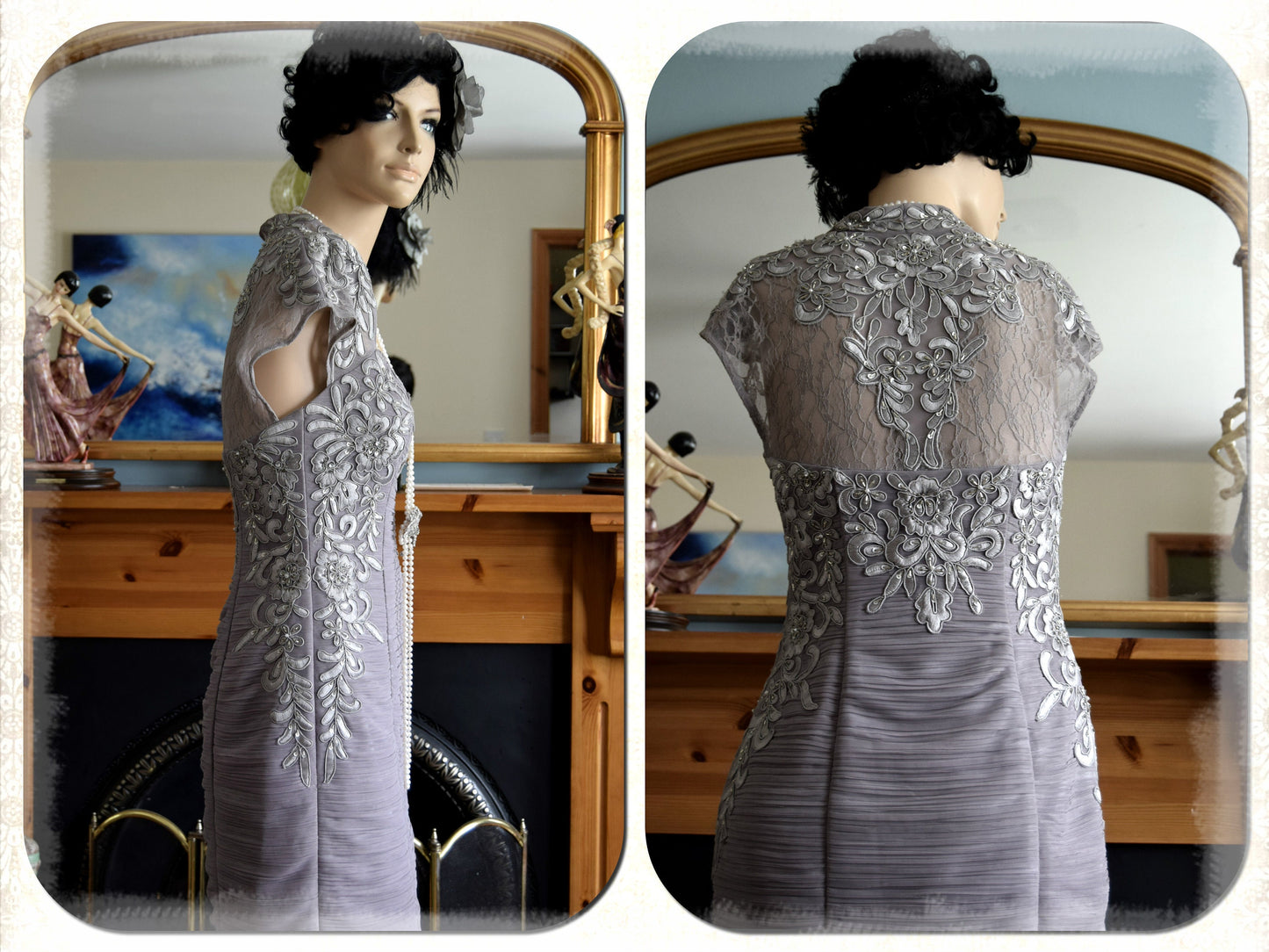 Silver Grey Vintage 1920's sequinned and beaded Sue Wong Flapper Dress size Uk 10 US 6