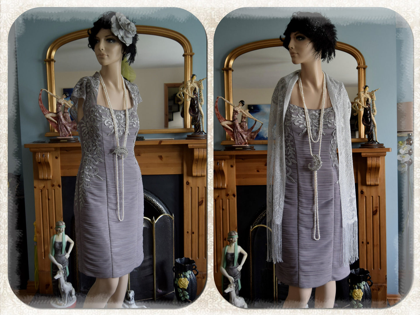 Silver Grey Vintage 1920's sequinned and beaded Sue Wong Flapper Dress size Uk 10 US 6