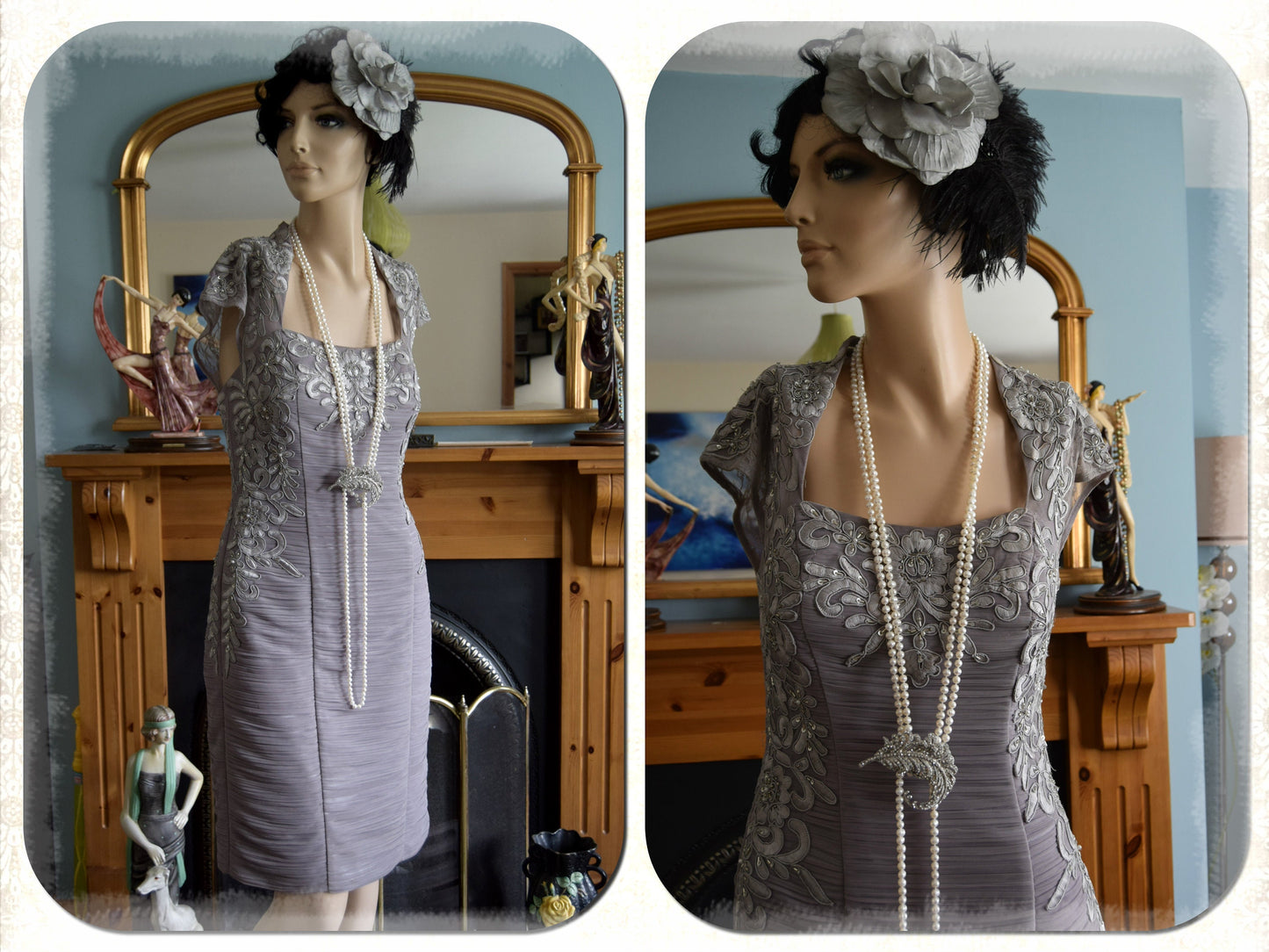 Silver Grey Vintage 1920's sequinned and beaded Sue Wong Flapper Dress size Uk 10 US 6