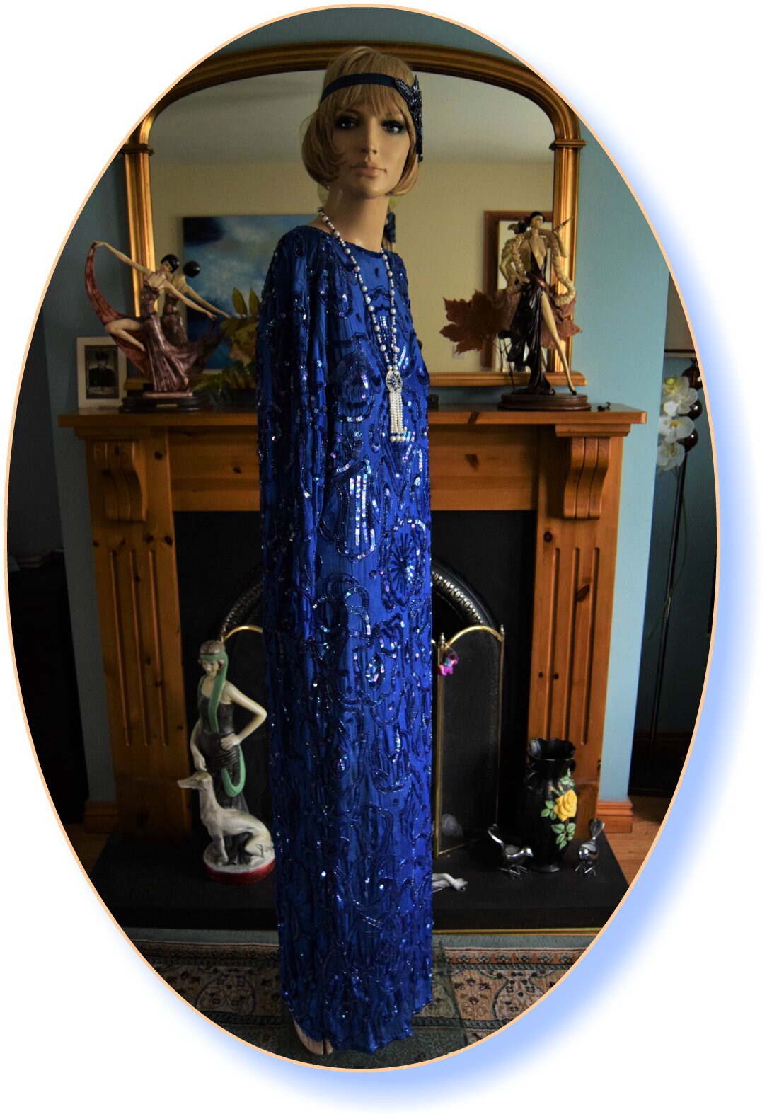 Art Deco dress Flapper dress Downton Abbey dress 1920s dress Blue Great Gatsby dress Heavily Beaded Vintage Dress Size UK 12 US 8