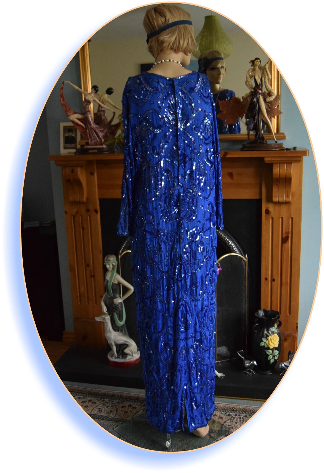 Art Deco dress Flapper dress Downton Abbey dress 1920s dress Blue Great Gatsby dress Heavily Beaded Vintage Dress Size UK 12 US 8