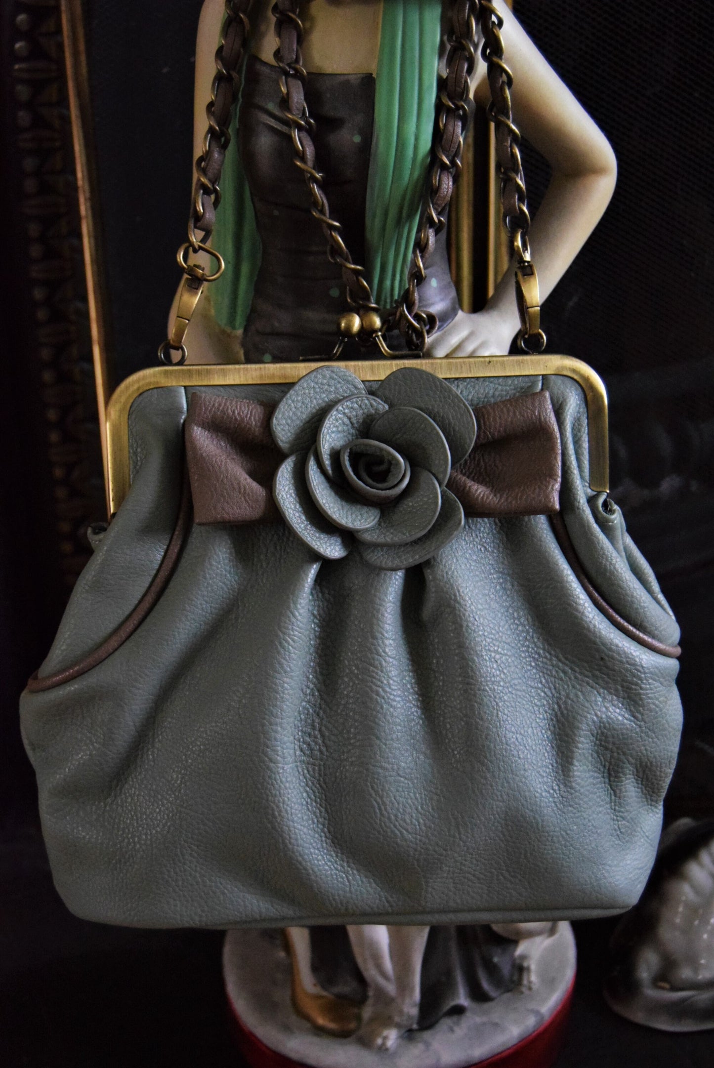Art Deco Beautiful pale blue and lace embellished with roseshoulder bag