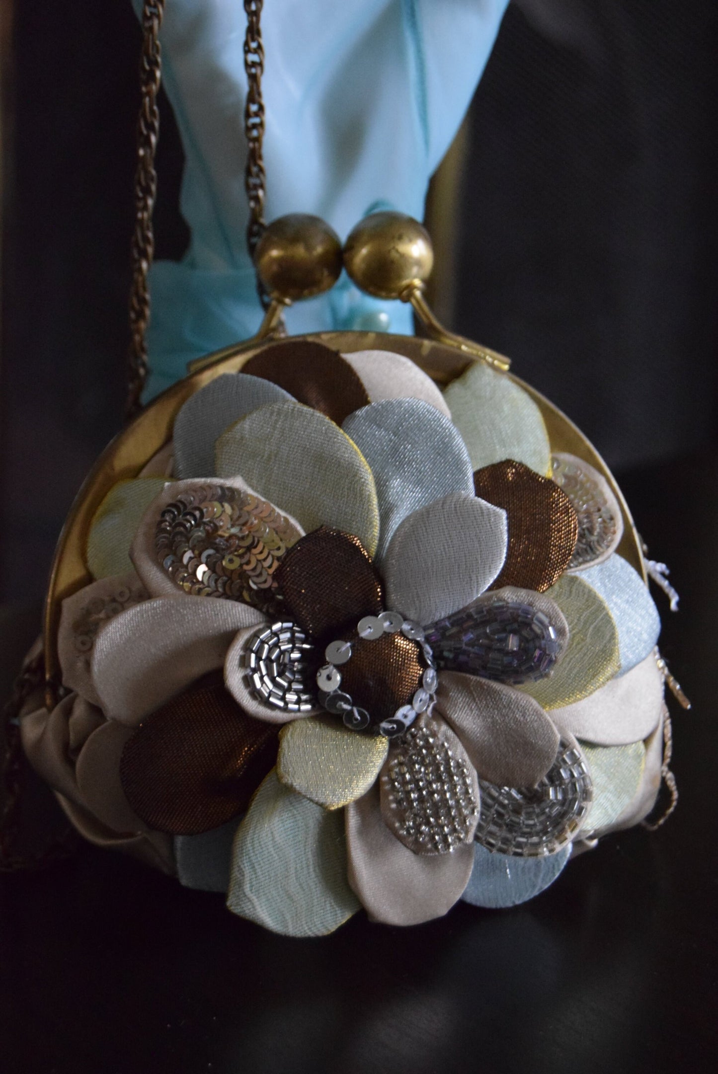 Vintage Flapper Floral Petal Delicate Art Deco Blue Gold embroidered cocktail evening bag