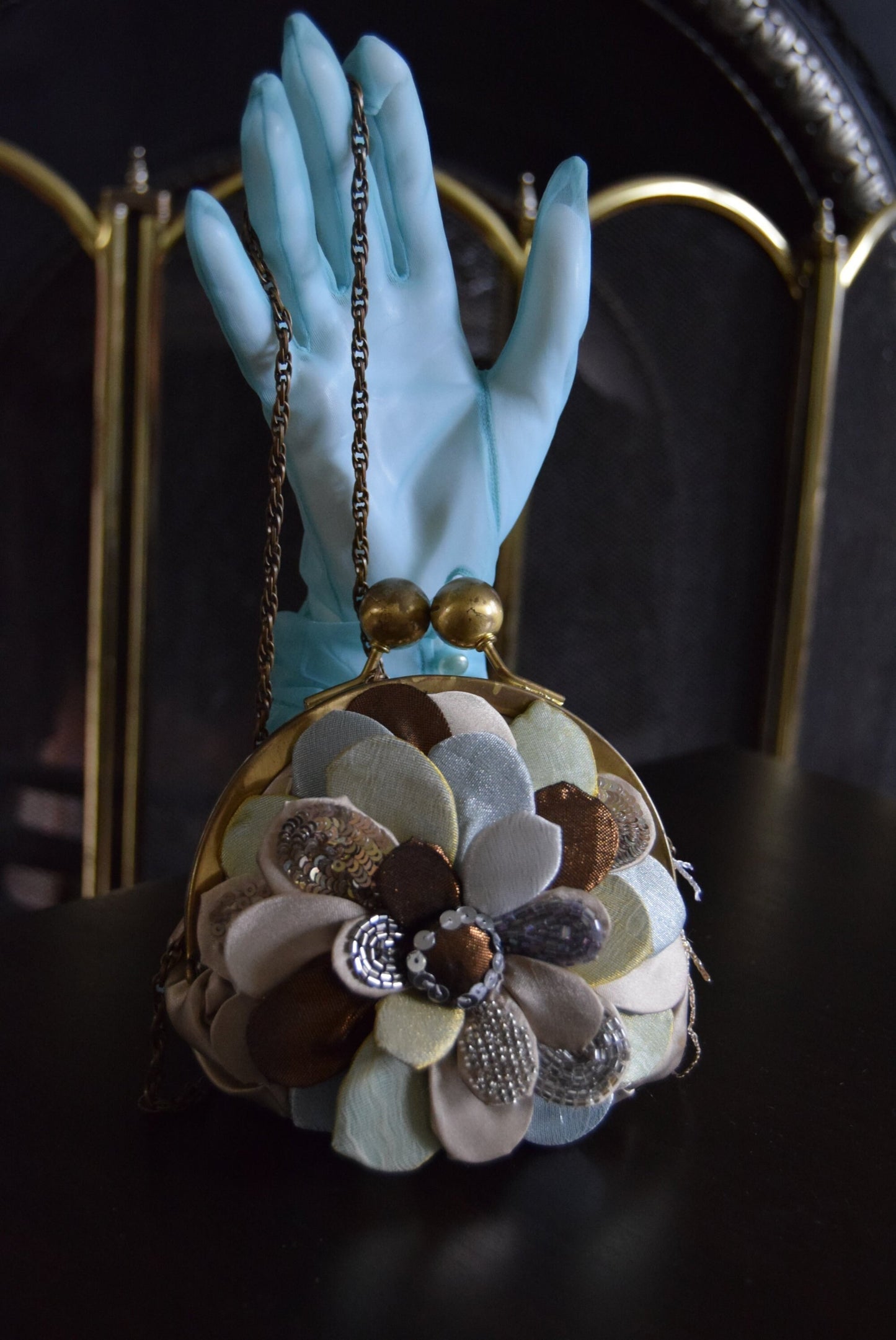 Vintage Flapper Floral Petal Delicate Art Deco Blue Gold embroidered cocktail evening bag