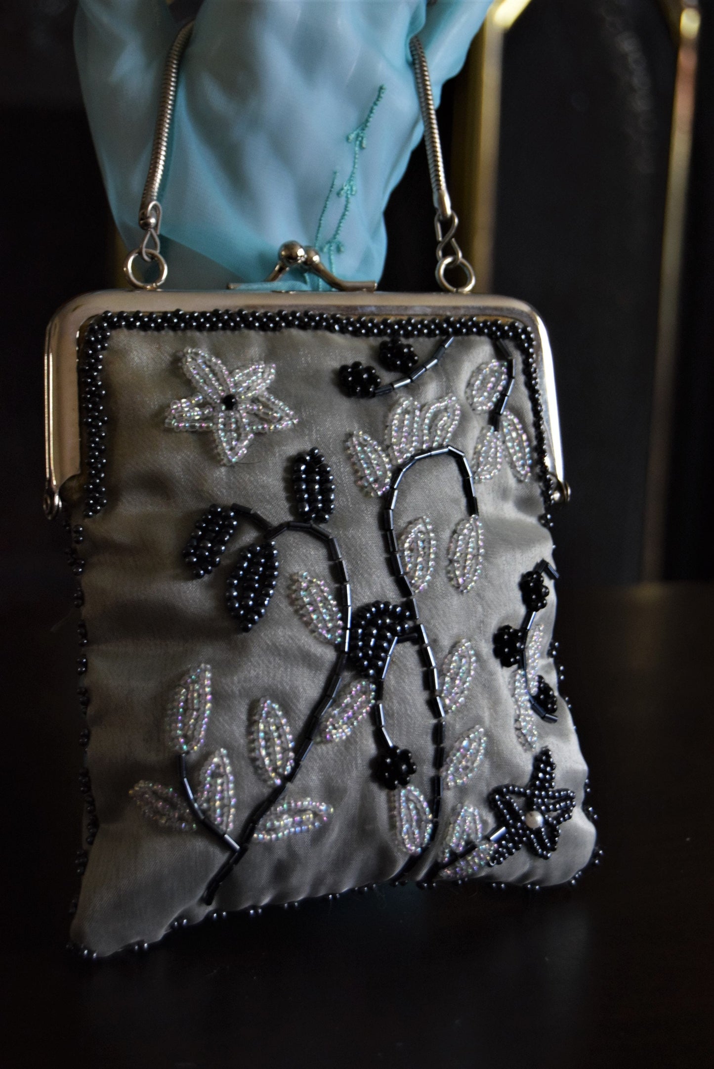 Vintage Flapper Floral Petal Delicate Art Deco Silver Gold embroidered Small cocktail evening bag purse