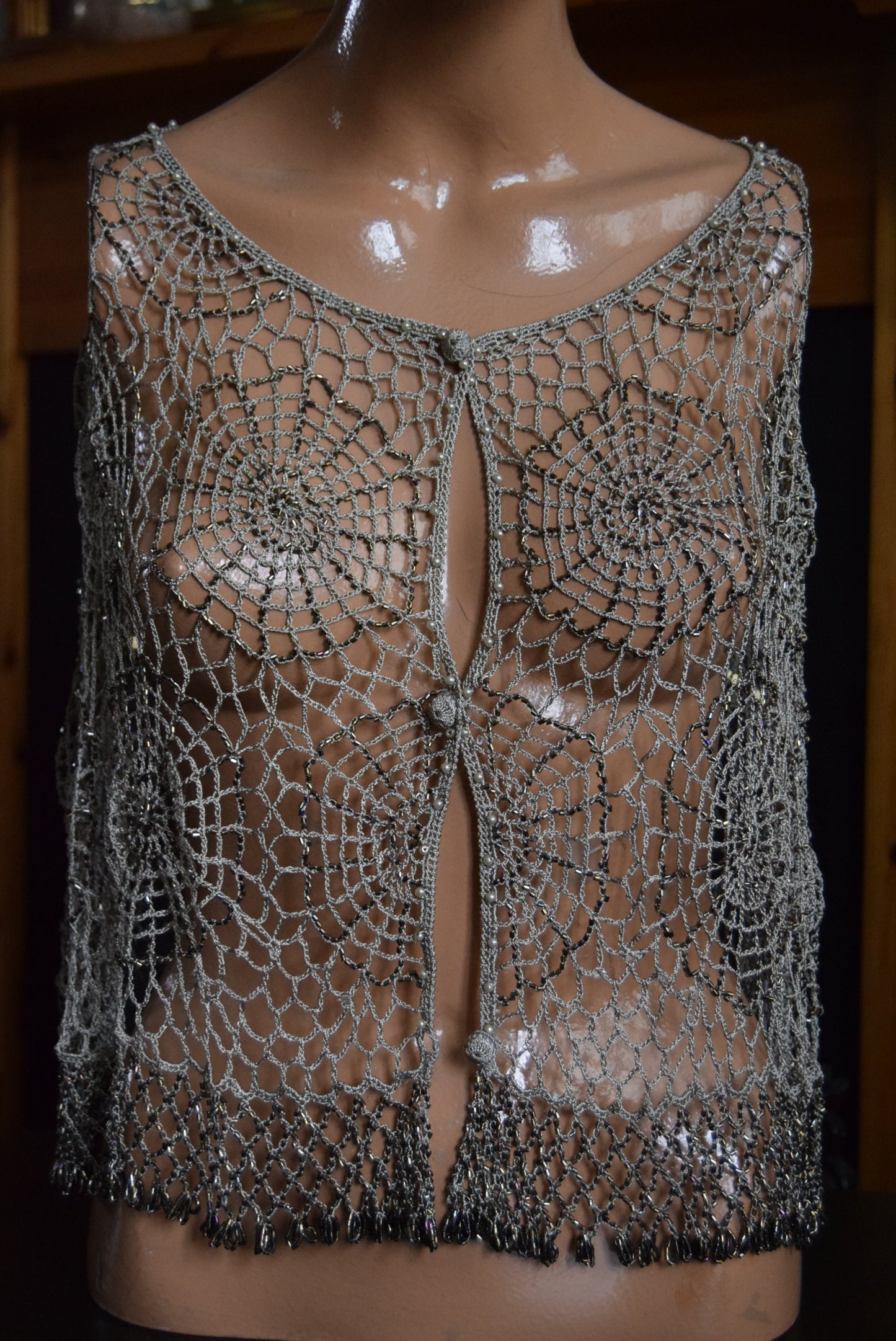 Beautiful vintage crochet spider web beaded and embelllished gold bolero cape