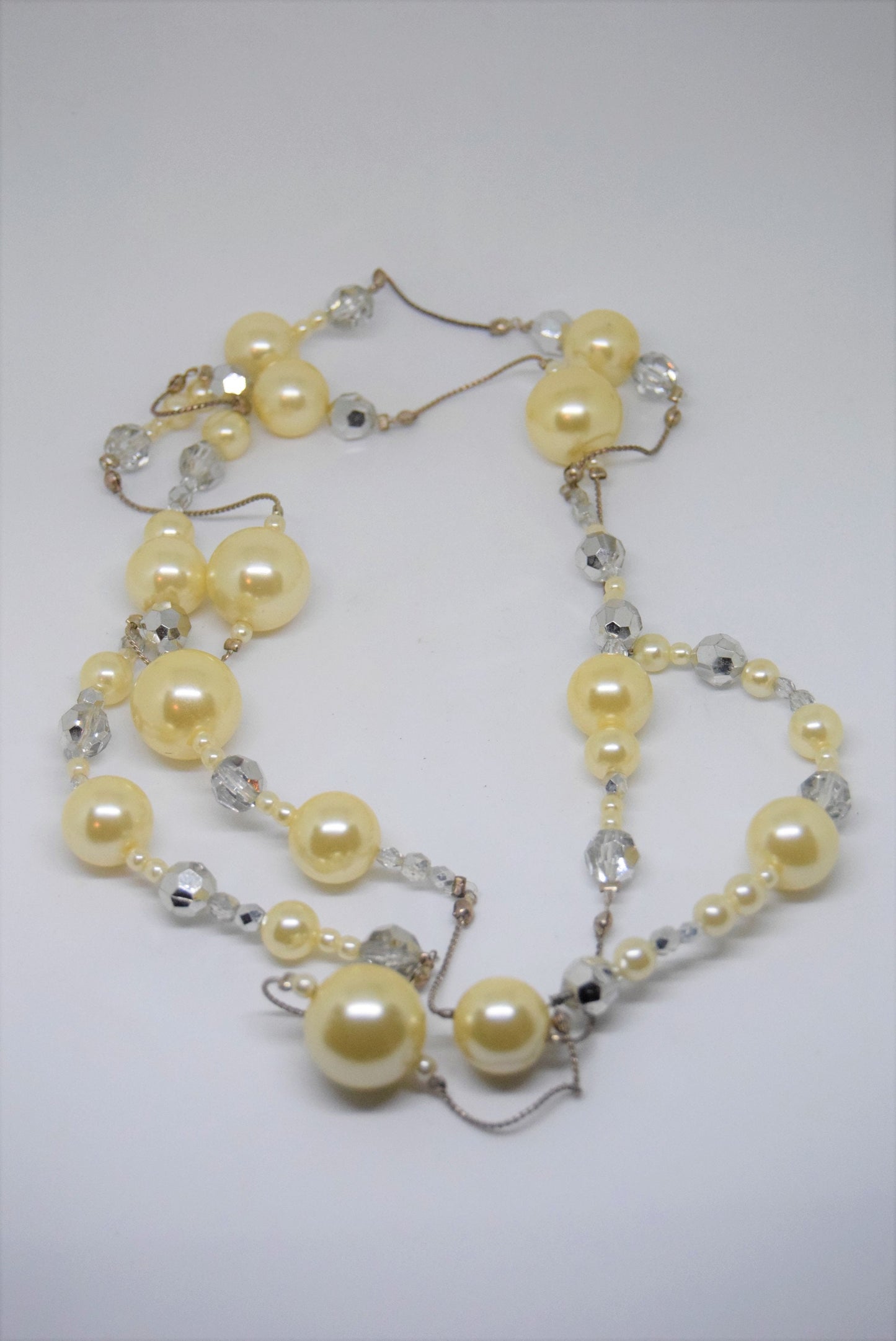Charming 1950's Long Vanilla Pearl With Shiny AB crystalsStrands Of Graduated Pearlswiith High Lustre