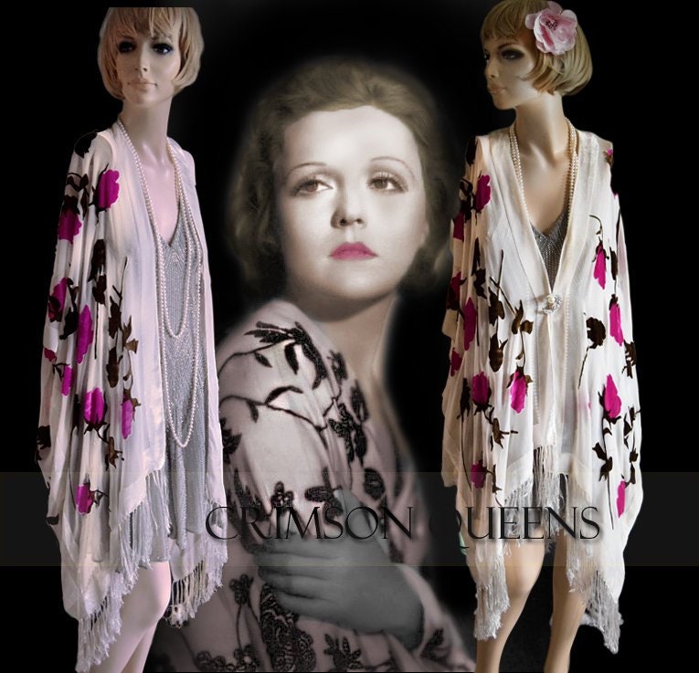 Outstanding beautiful silk devore floral pattern most alluring long fringed kimono duster size UK 12 14