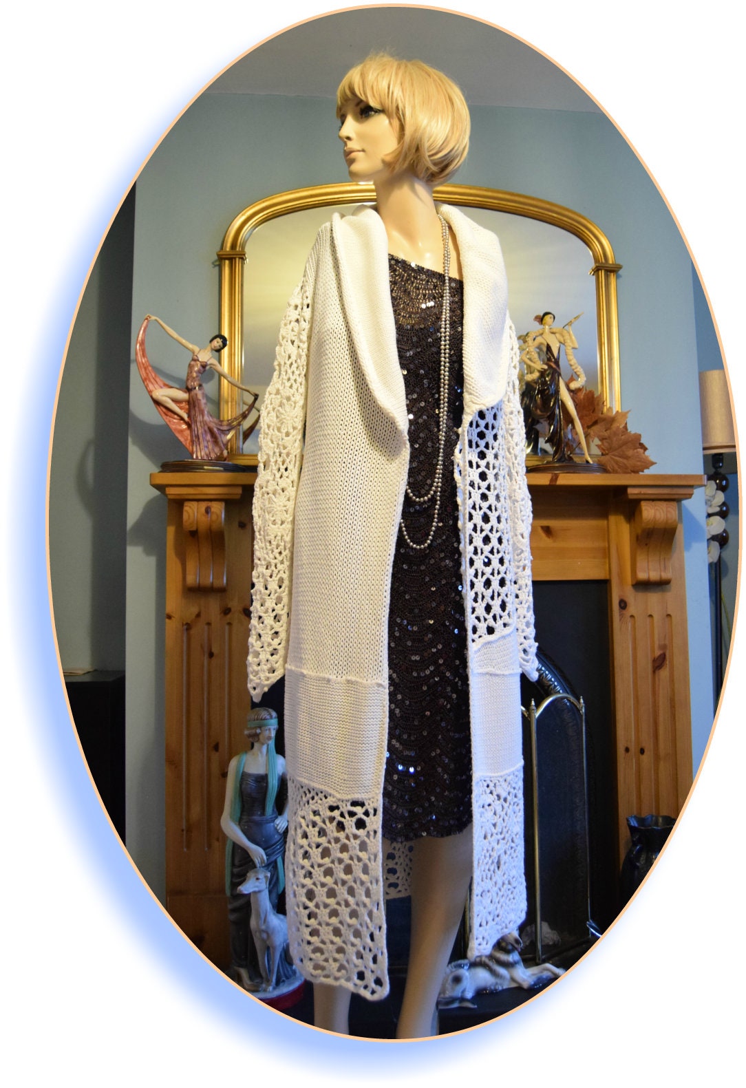 Beautiful Vintage Crochet Winter Blazer Vintage Downton Abbey Long Jacket/Coat size UK 12 US 8