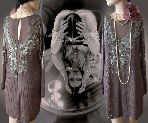 Flapper dress 1920s dress Great Gatsby dress Art Deco dress vintage silver silk dress heavily beaded dress Size UK 6 8 US 0 2 4