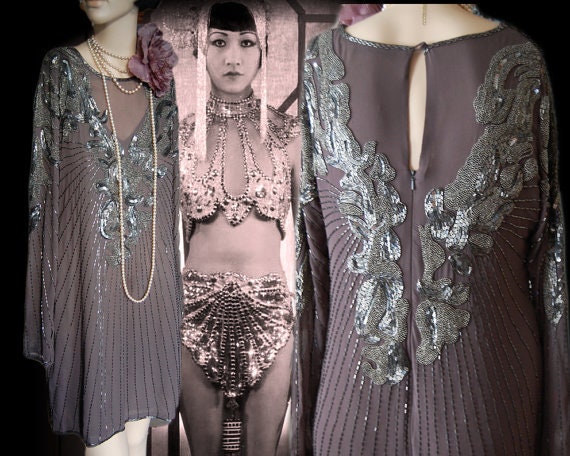 Flapper dress 1920s dress Great Gatsby dress Art Deco dress vintage silver silk dress heavily beaded dress Size UK 6 8 US 0 2 4