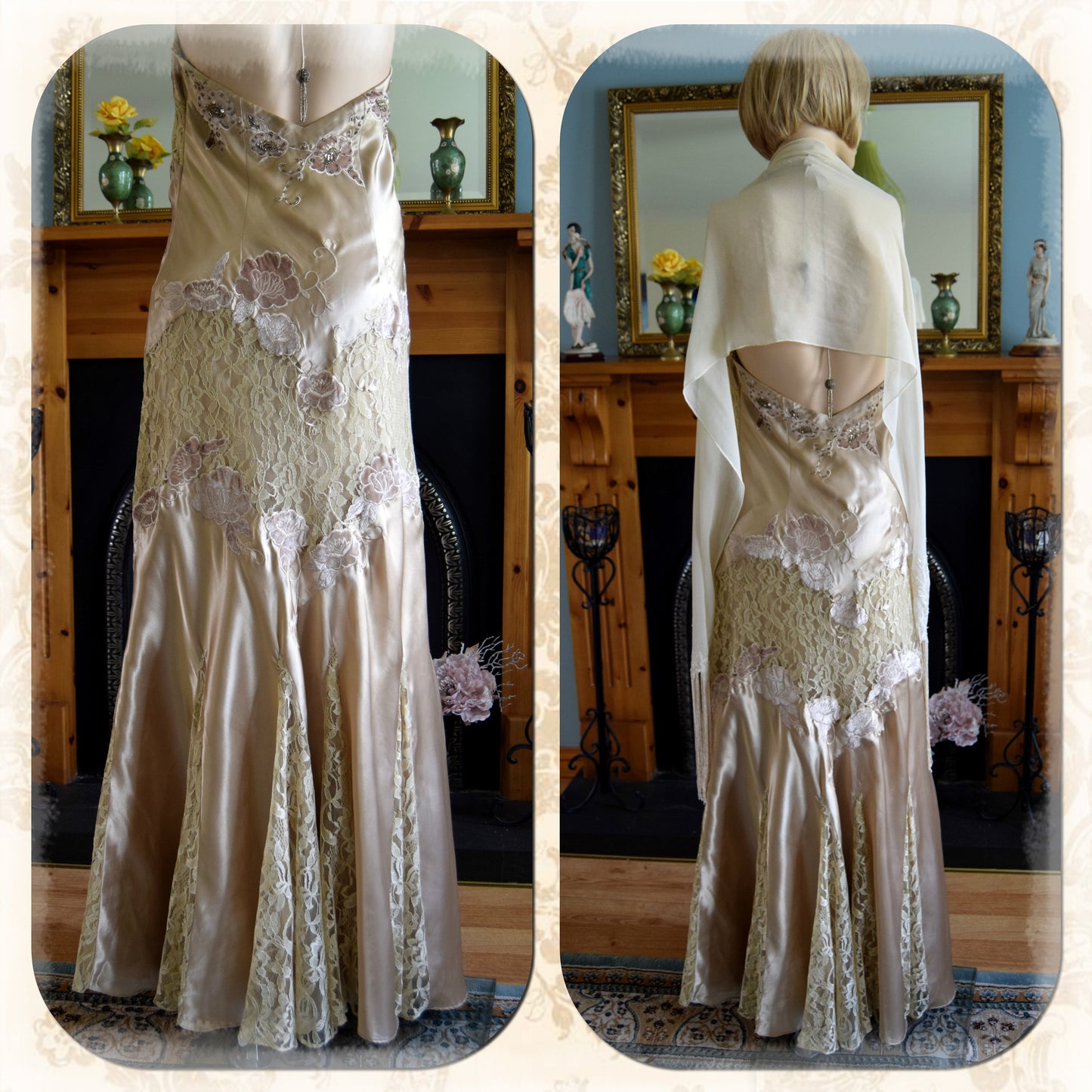 1930s gown 1930s satin gown flapper evening gown Downton Abbey Gown Vintage Maxi Silk Lace gown 1930s Hollywood goddess gown Size UK 12 US 8