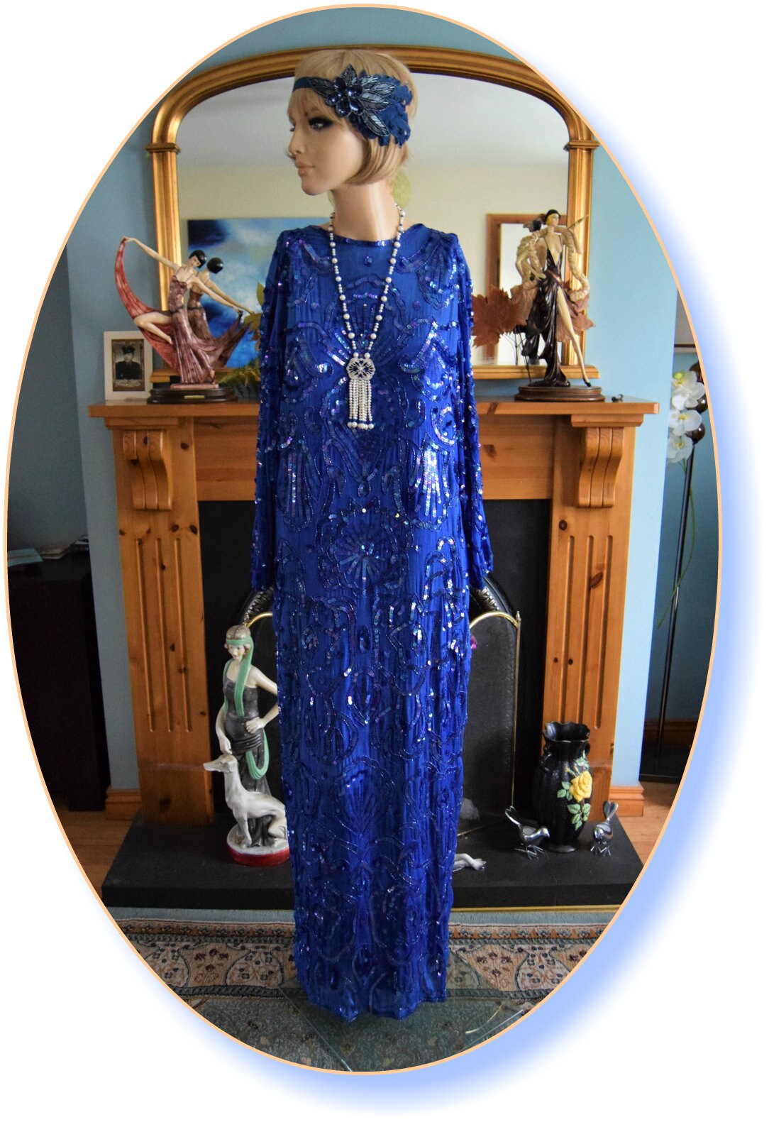 Art Deco dress Flapper dress Downton Abbey dress 1920s dress Blue Great Gatsby dress Heavily Beaded Vintage Dress Size UK 12 US 8