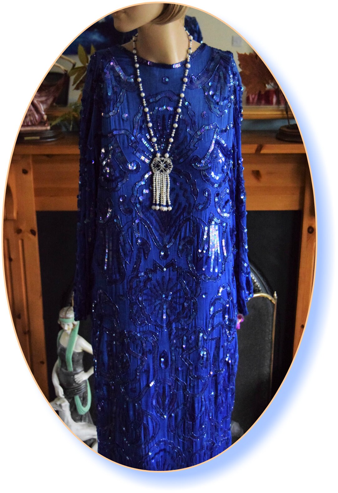 Art Deco dress Flapper dress Downton Abbey dress 1920s dress Blue Great Gatsby dress Heavily Beaded Vintage Dress Size UK 12 US 8