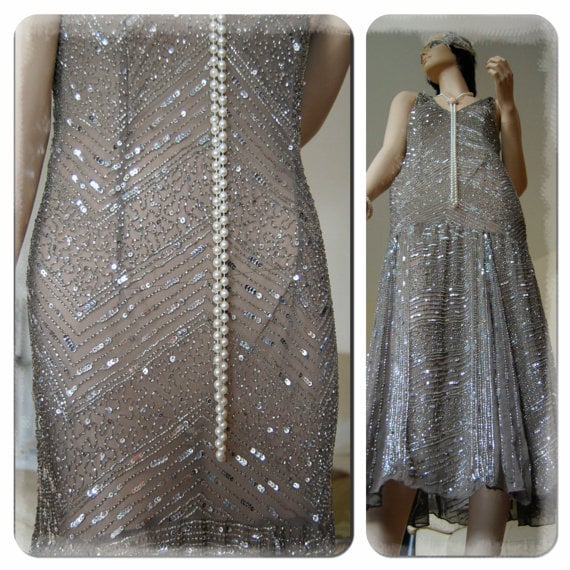Flapper dress 1920s dress Downton Abbey dress Great Gatsby dress 1930s dress 1930s flapper silver silk evening dress size UK 12 US 8