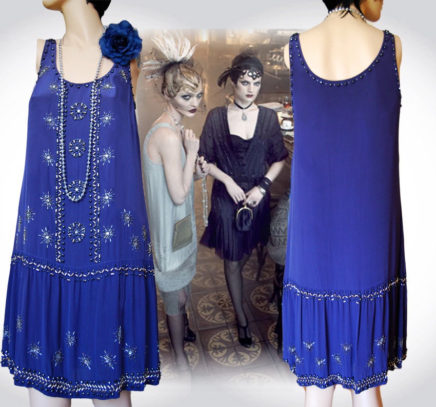 Vintage purple blue oriental Downton Abbey 1920s flapper sequinned beaded embellished Great Gatsby silk all 100% silk dress size UK 8 US 4