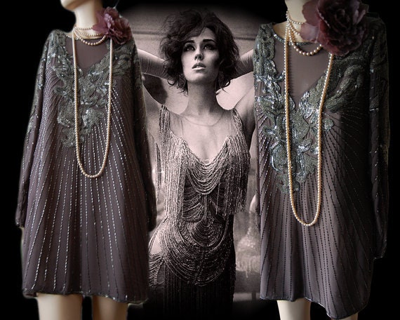 Flapper dress 1920s dress Great Gatsby dress Art Deco dress vintage silver silk dress heavily beaded dress Size UK 6 8 US 0 2 4