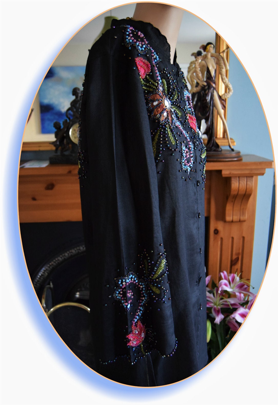 Exceptional Vintage Butler and Wilson cotton long summer coat heavily embroiddered and sequined size UK 12 US 8