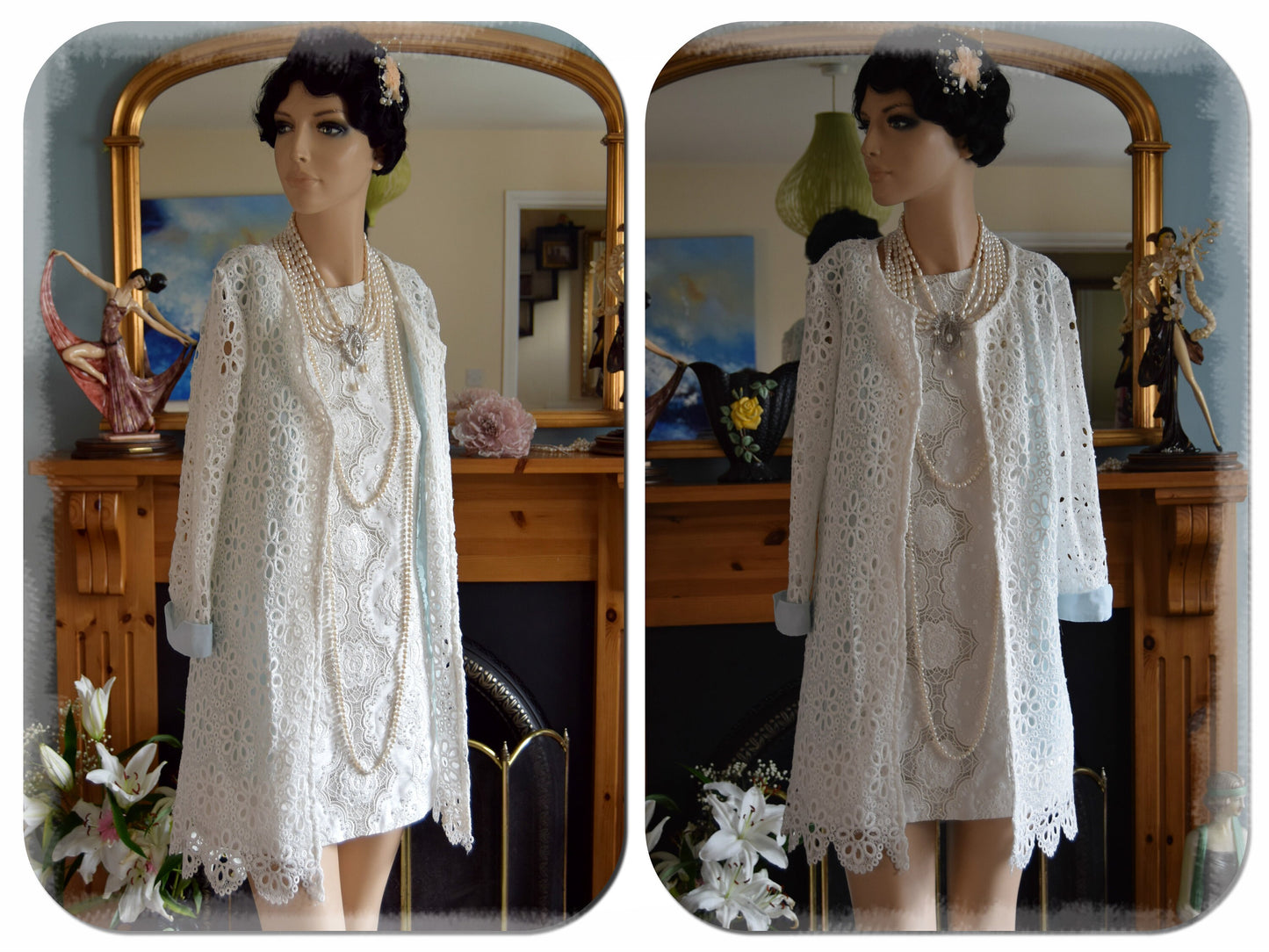 Beautiful Vintage 1920's 1960's silk mix Lyon Lace circle wedding summer dress size UK 8 US 4