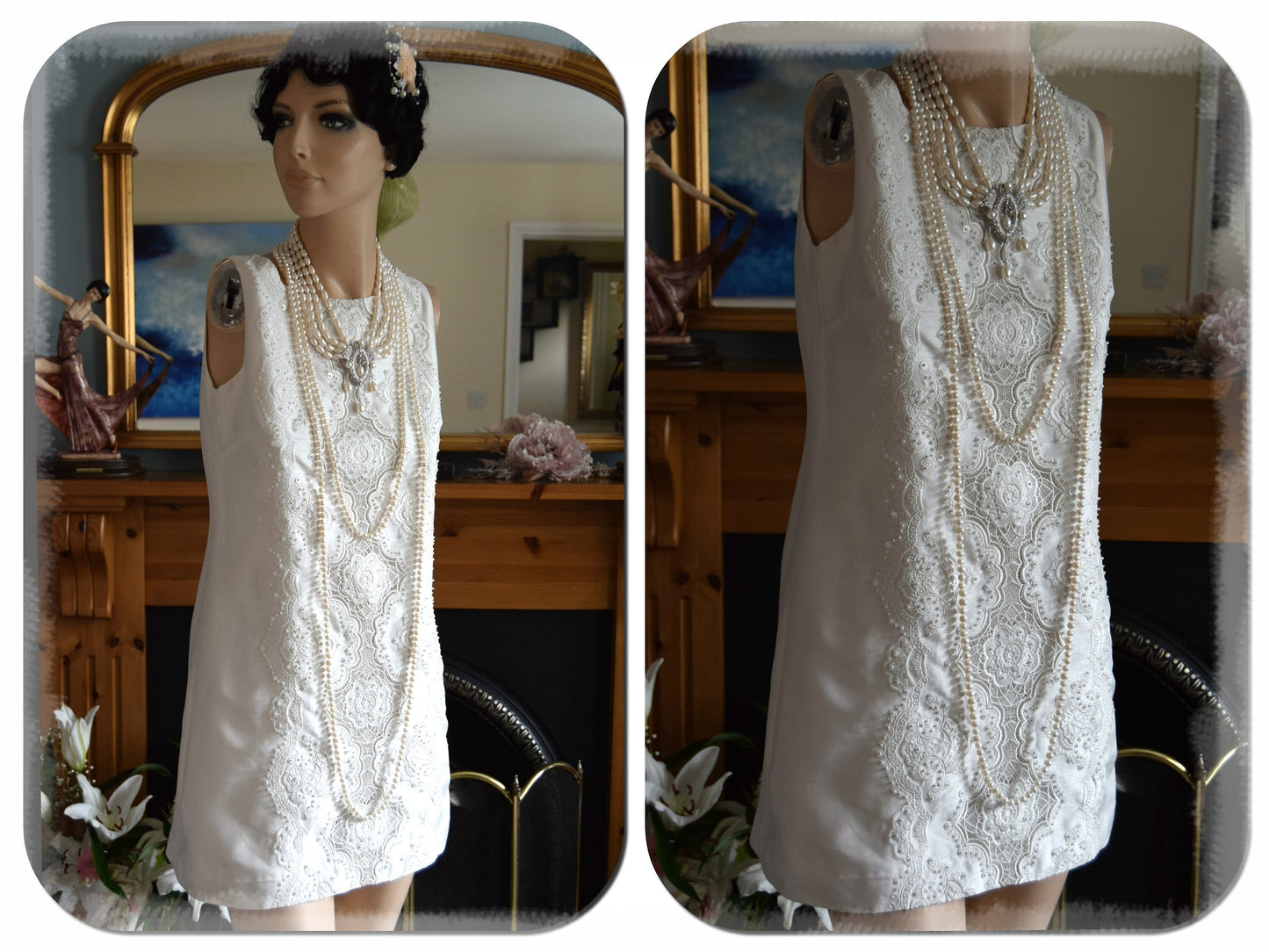 Beautiful Vintage 1920's 1960's silk mix Lyon Lace circle wedding summer dress size UK 8 US 4