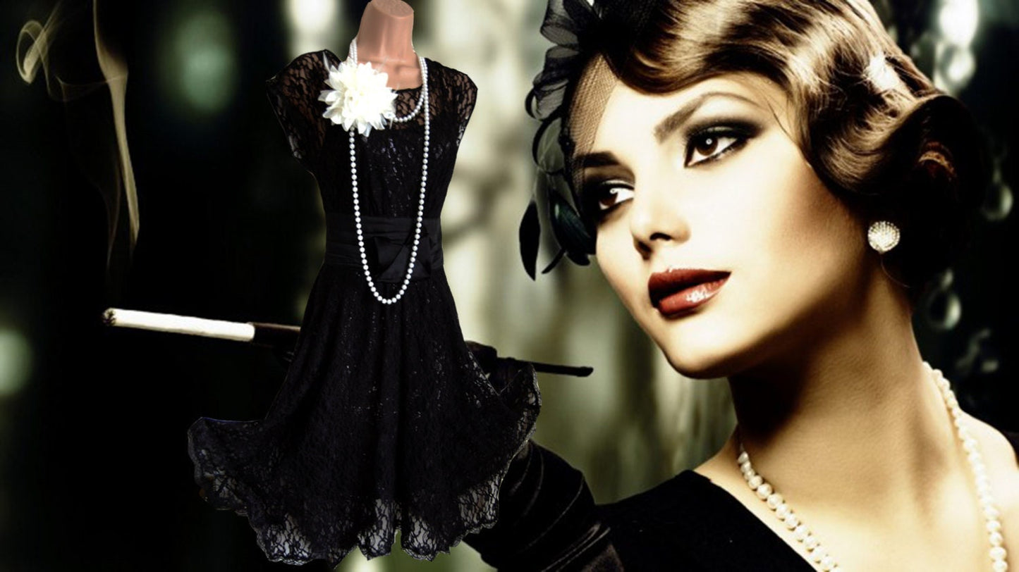 Vintage Sheer Lace Black Satin Romantic Bow Gatsby Dress UK 10 12 US 6 8