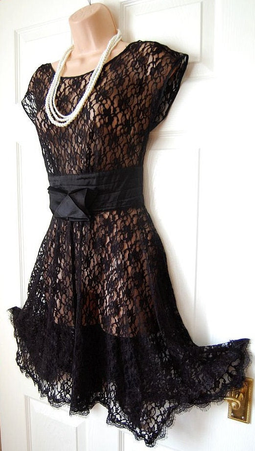 Vintage Sheer Lace Black Satin Romantic Bow Gatsby Dress UK 10 12 US 6 8