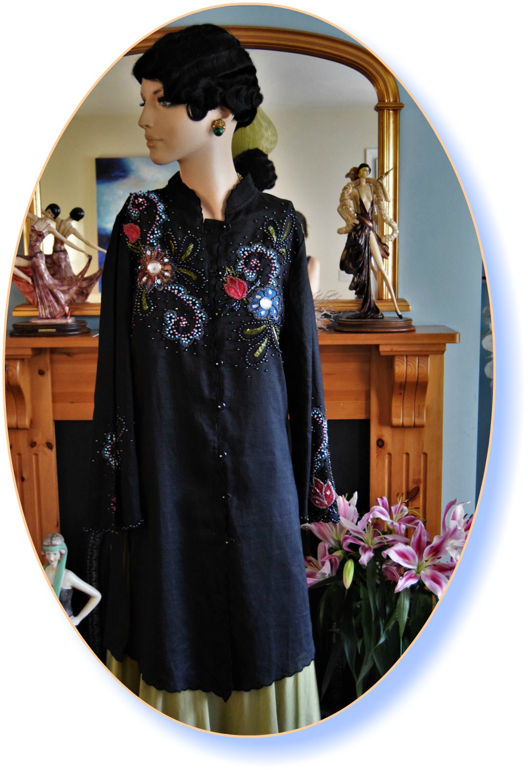 Exceptional Vintage Butler and Wilson cotton long summer coat heavily embroiddered and sequined size UK 12 US 8