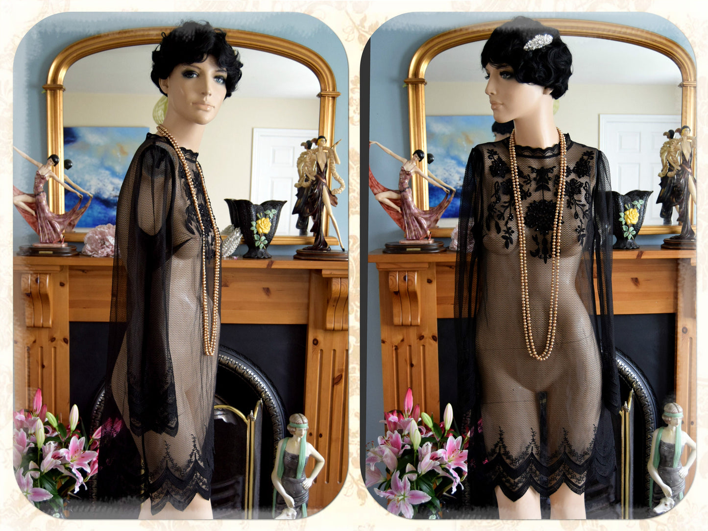 1920s dress flapper dress 1920s mesh dress Great Gatsby dress vintage sheer dress sheer embroidered dress Antique dress Size UK 6 8 US 2 4