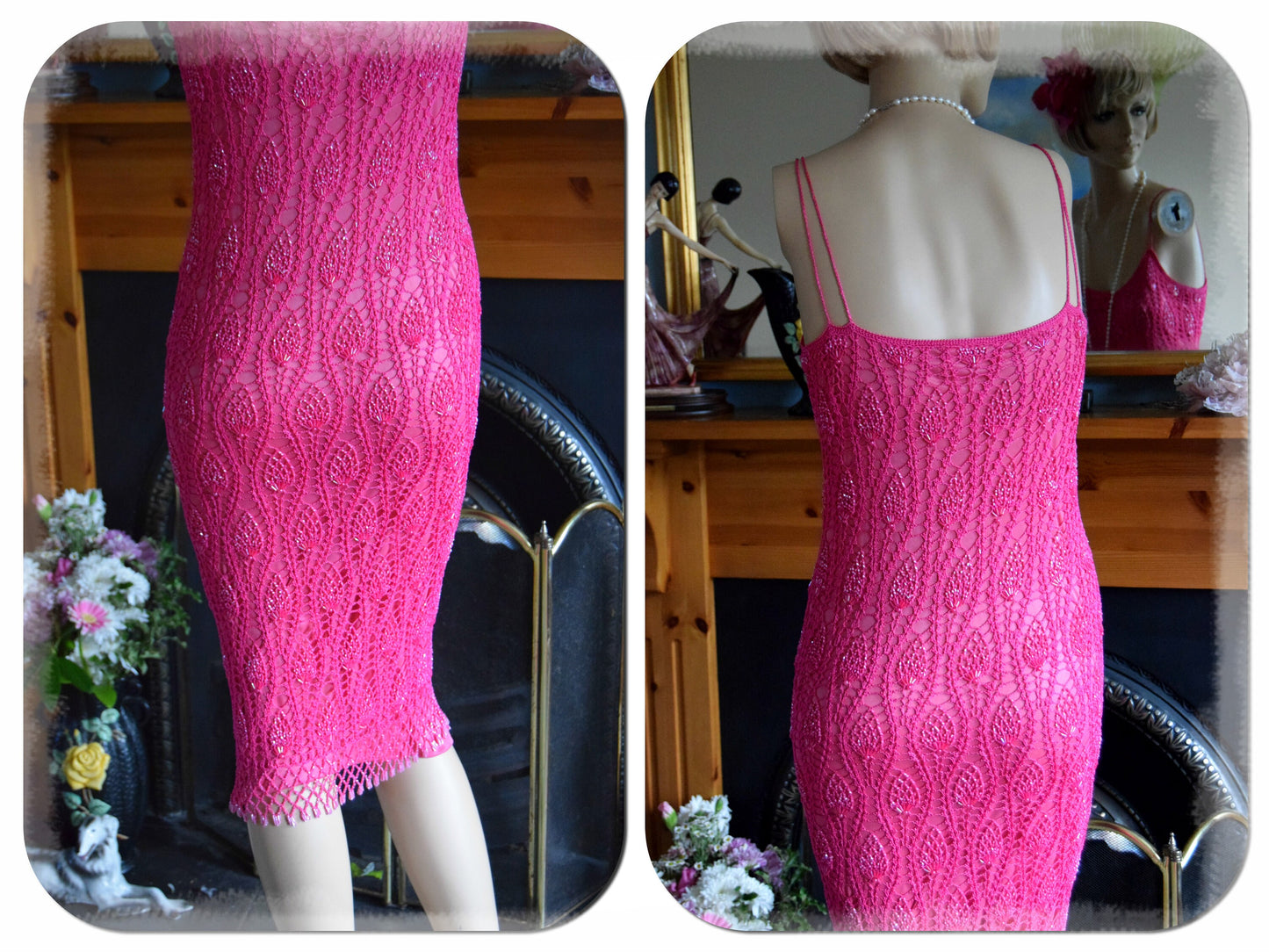 Vintage Crochet Downton Abbey 1920's 30's garden cocktail party magenta pink day dress size UK 10 US 6