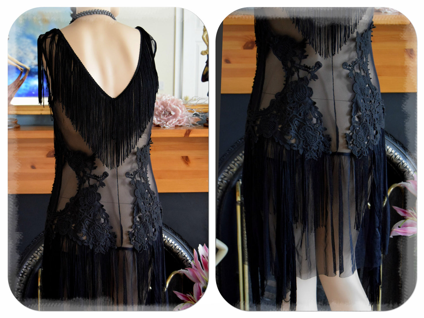1920s Dress Vintage Downton Abbey Tassel Mesh Dress Flapper Tassel Dress Flapper Beaded Dance Dress Size UK 6 8 US 2 4 XS
